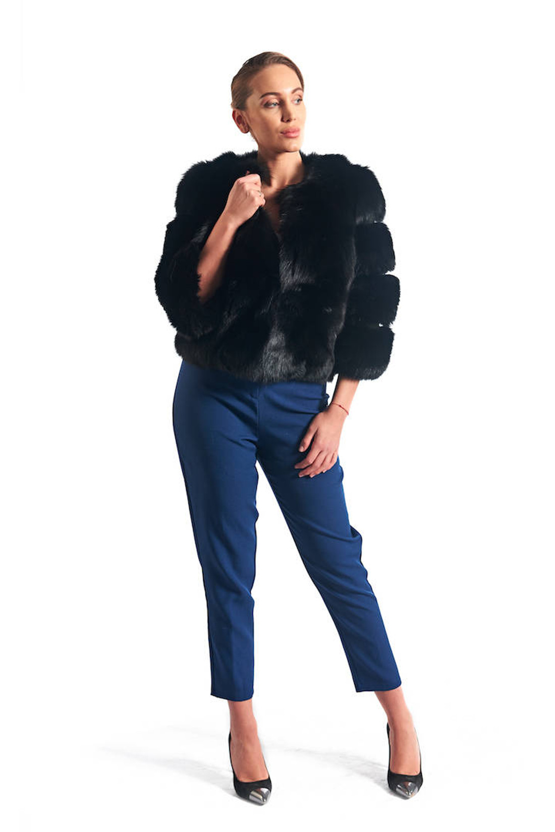 Black Fox Fur Jacket collarless cropped sleeves
