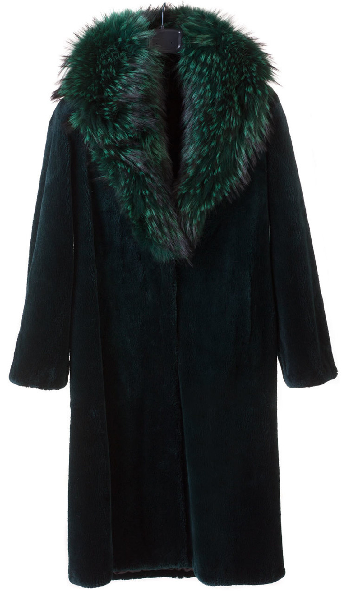 long green mink fur coat with shawl fox fur collar ghost mannequin