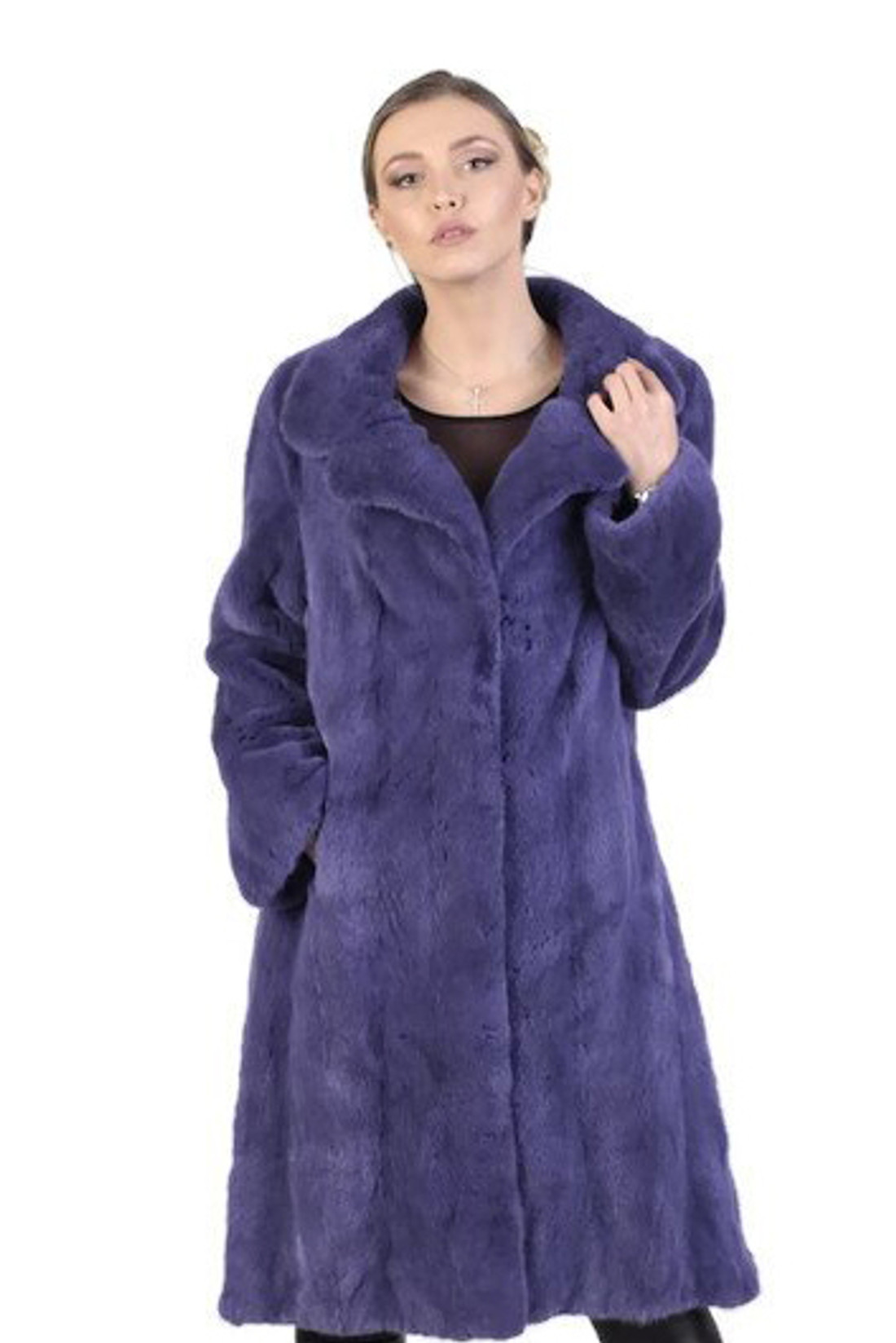 purple mink fur coat knee length fully let out tapered waist side slits