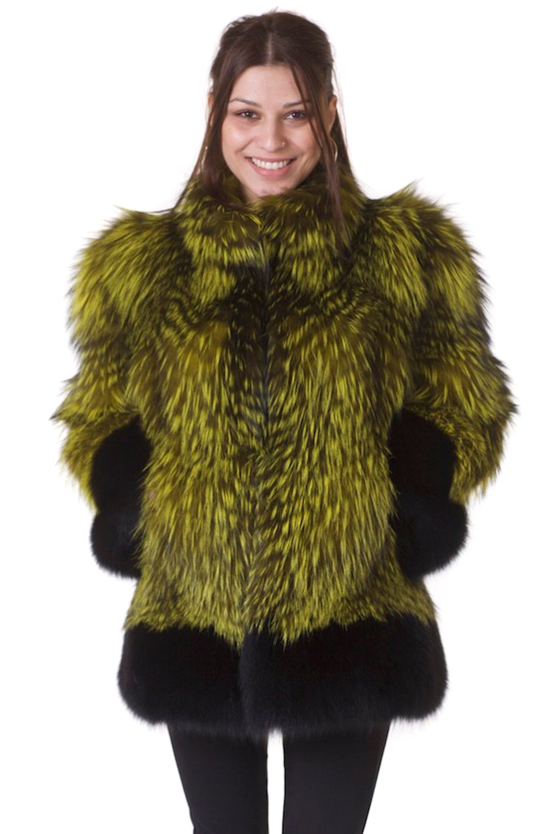 green and black fully let out fox fur coat with padded shoulders green and black fully let out fox fur coat with padded shoulders