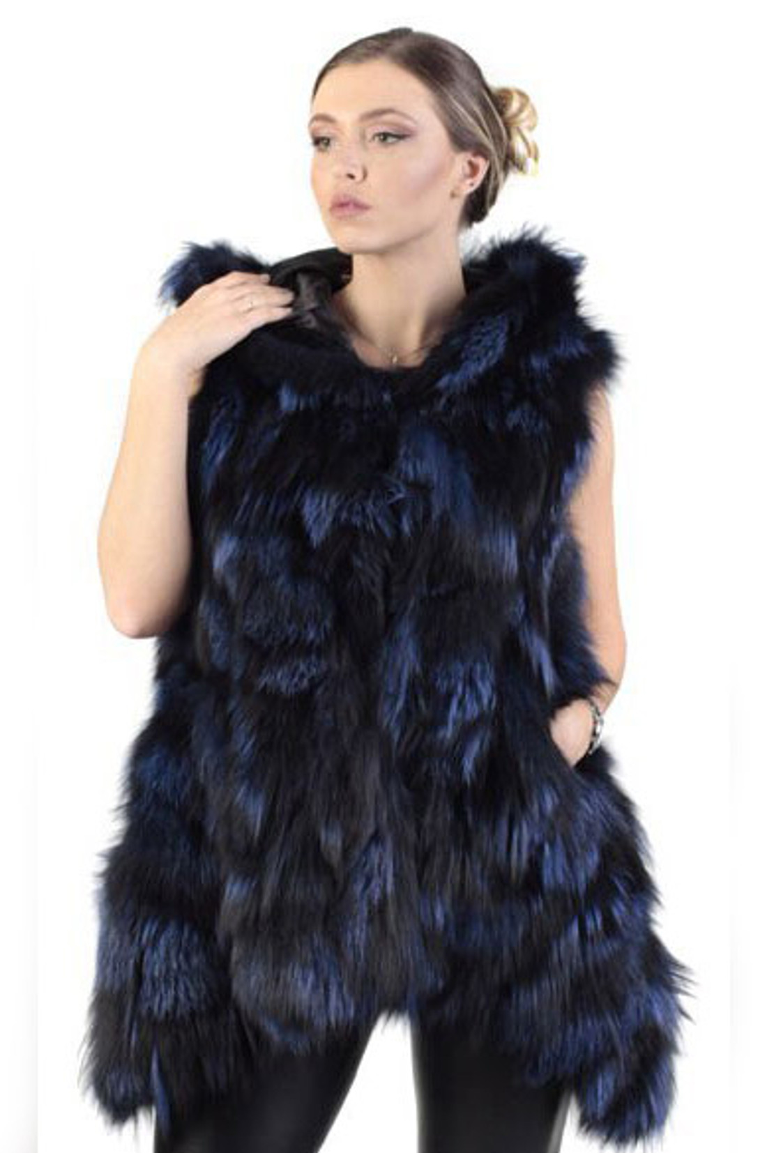 blue hooded fox fur vest with assymetric cut