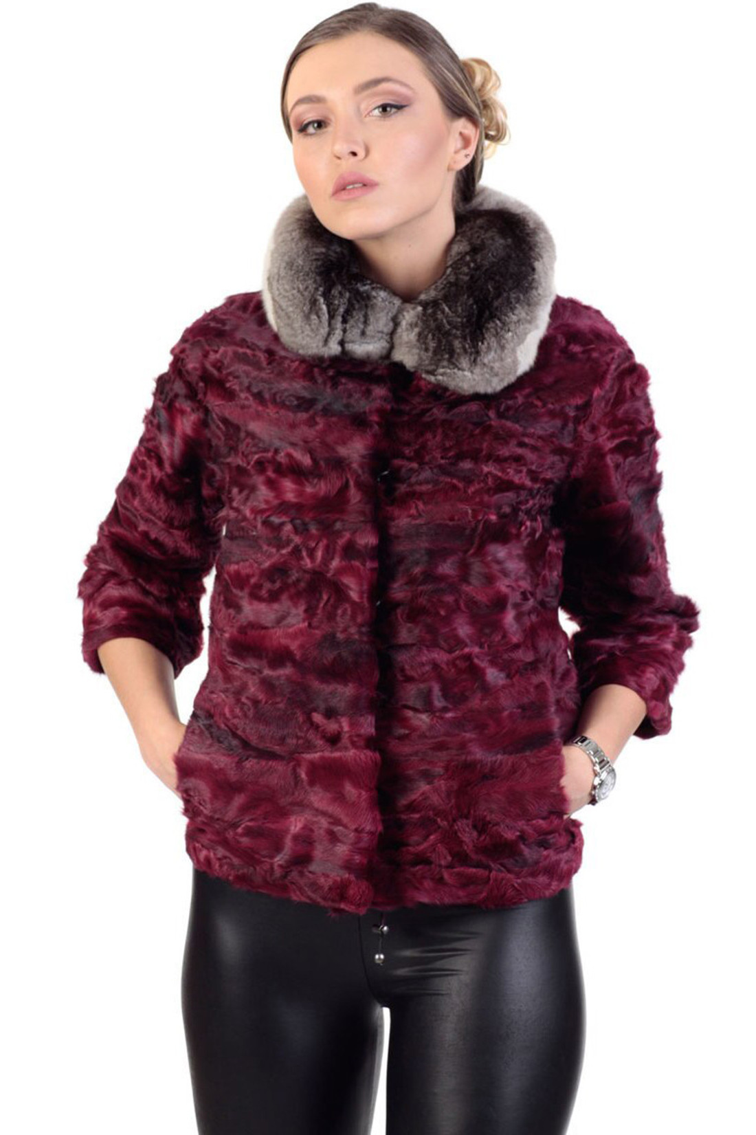 Purple SWAKARA Lamb Jacket & Chinchilla Collar