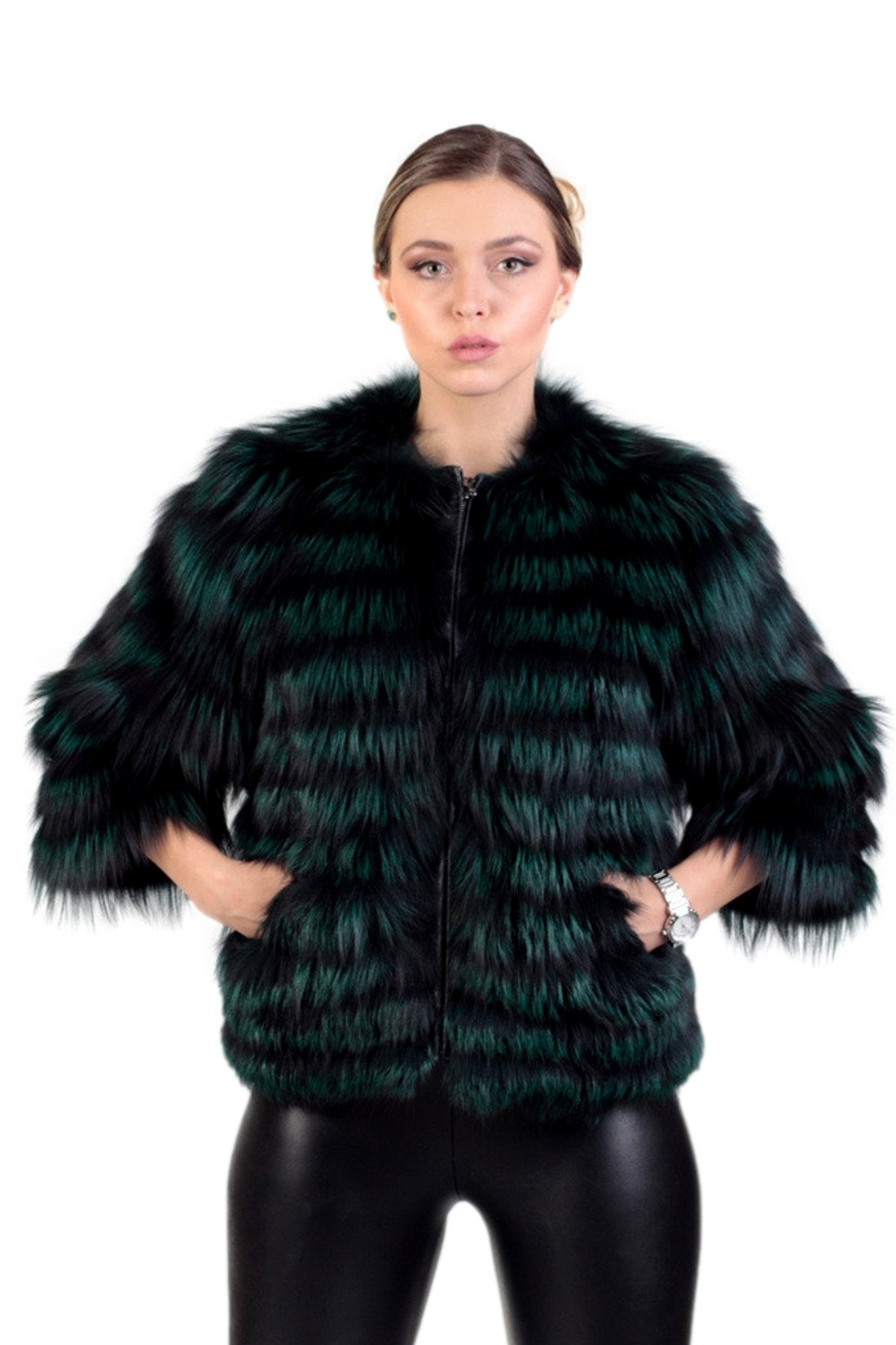 Green Raccoon  Fur Jacket Cropped Green Raccoon  Fur Jacket Cropped