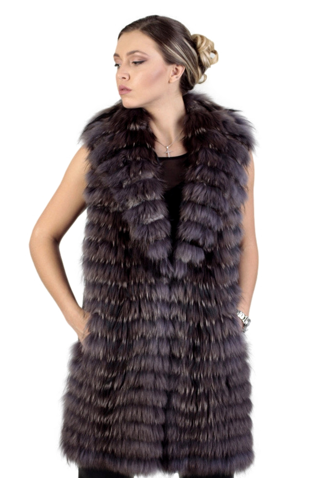 Plum Feathered Fox  Fur Vest
