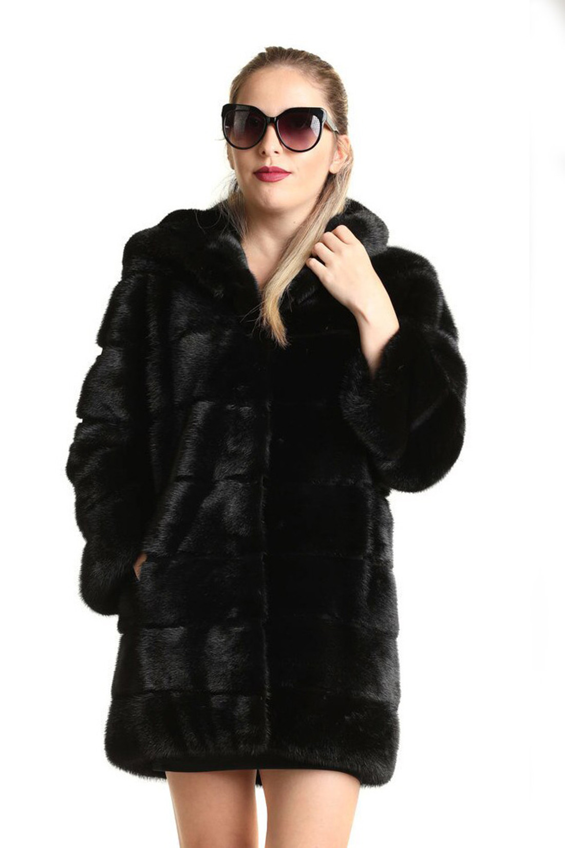 black mink fur coat hooded mid hip length black mink fur coat hooded mid hip length