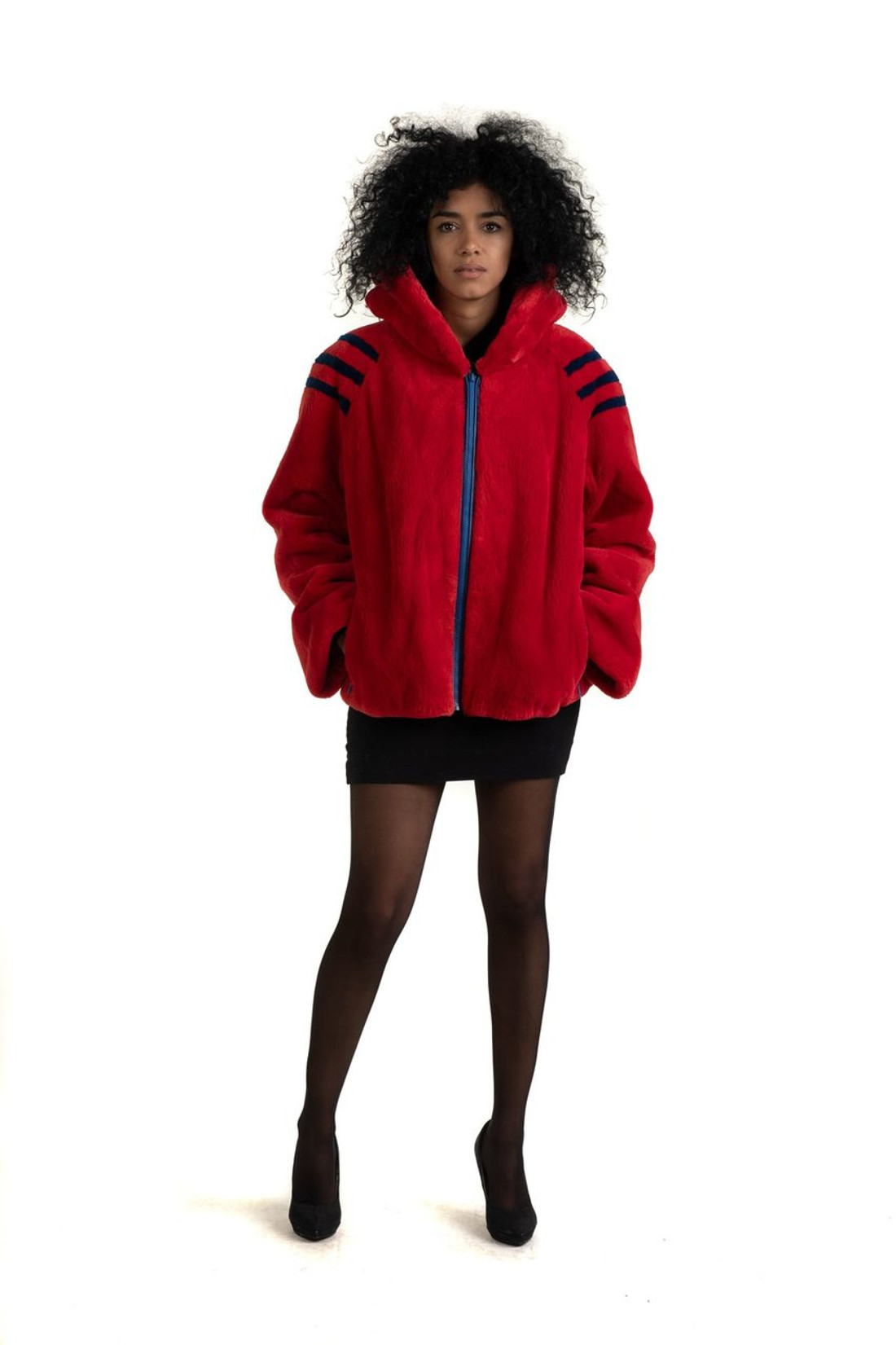 Red Bomber  Beaver Hooded Jacket