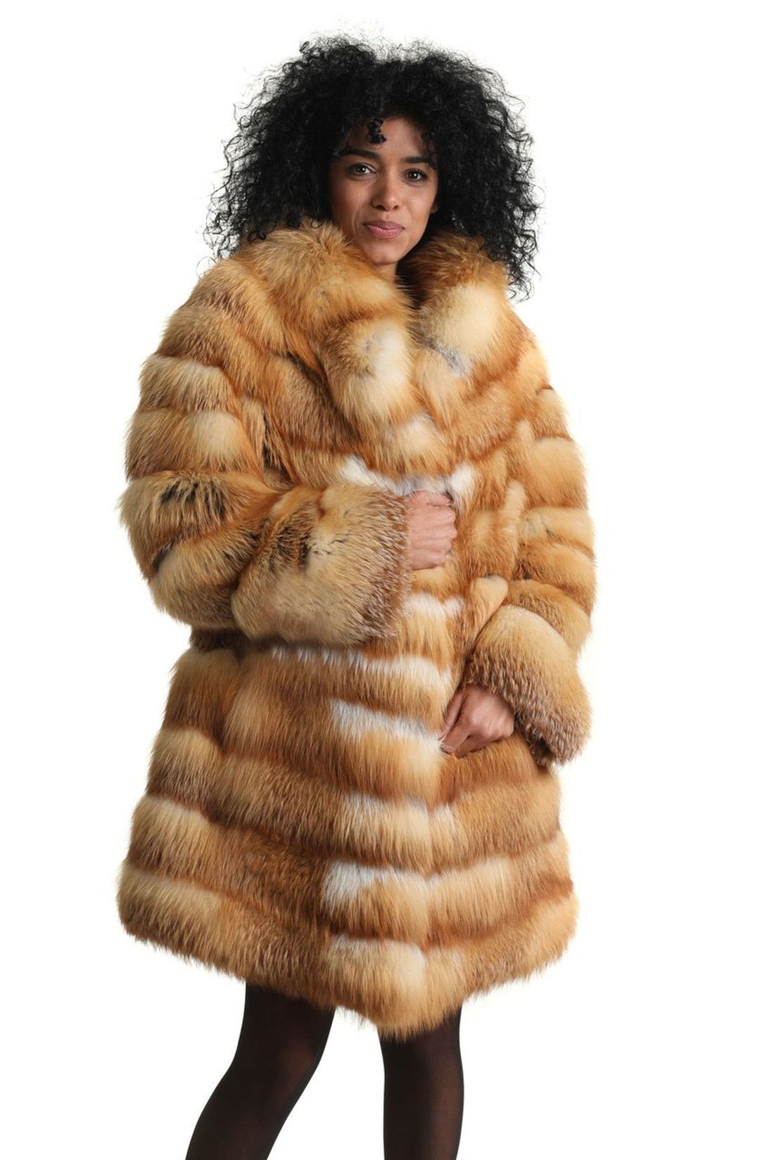 red fox fur coat knee length with shawl collar skins sewn horizontally featuring a brighter tone of red on front part red fox fur coat knee length with shawl collar skins sewn horizontally featuring a brighter tone of red on front part