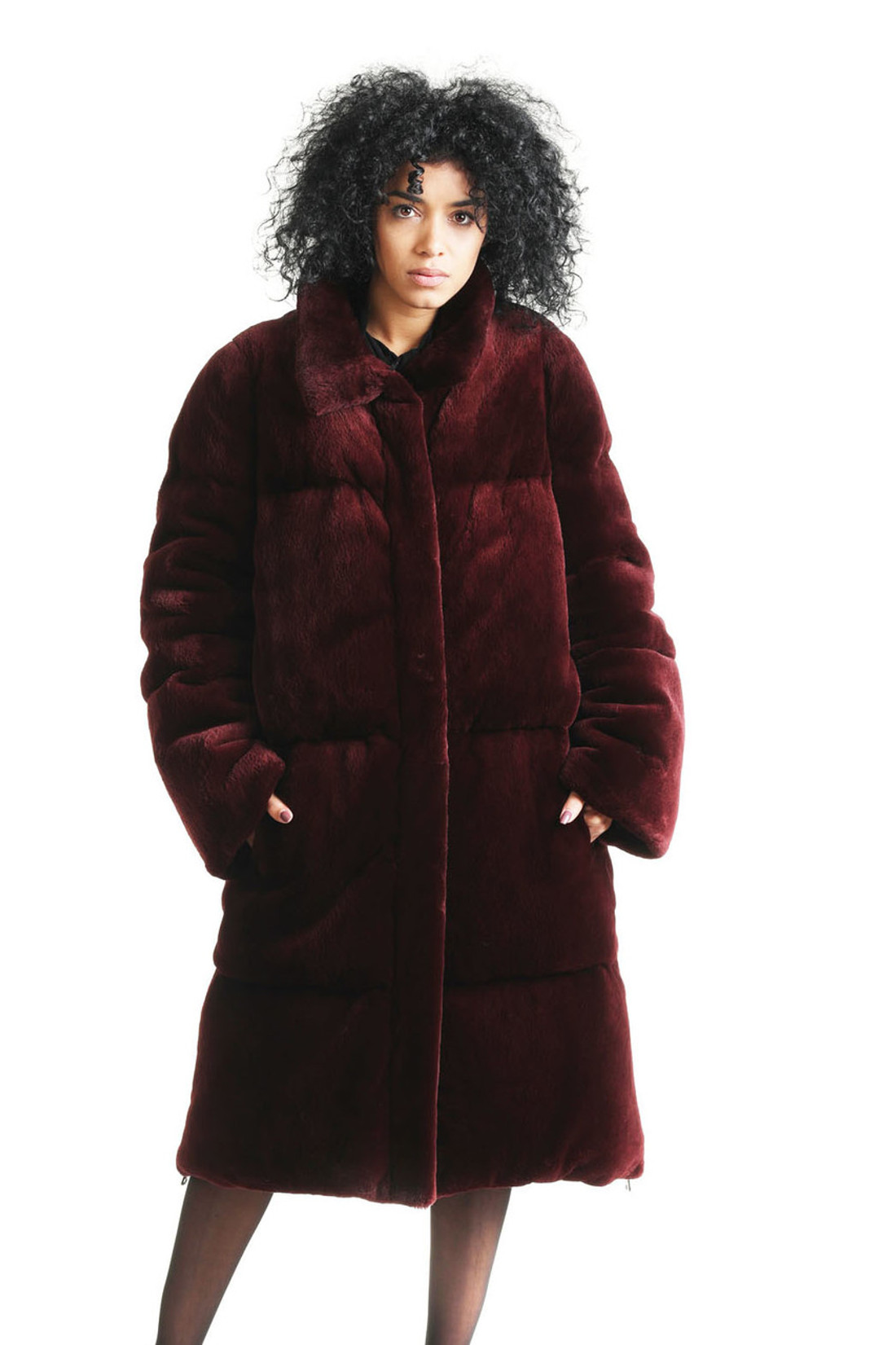 Burgundy Panelled Sheared Bever Fur Coat