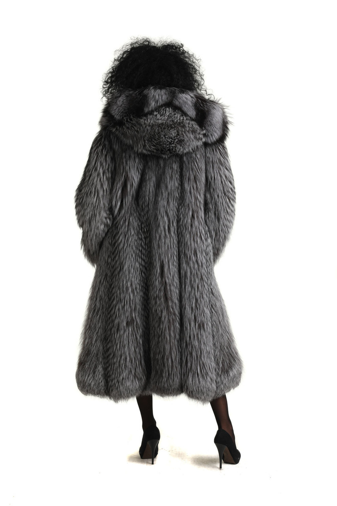 rear view of lomg  fully let out saga silver fox fur coat with hood