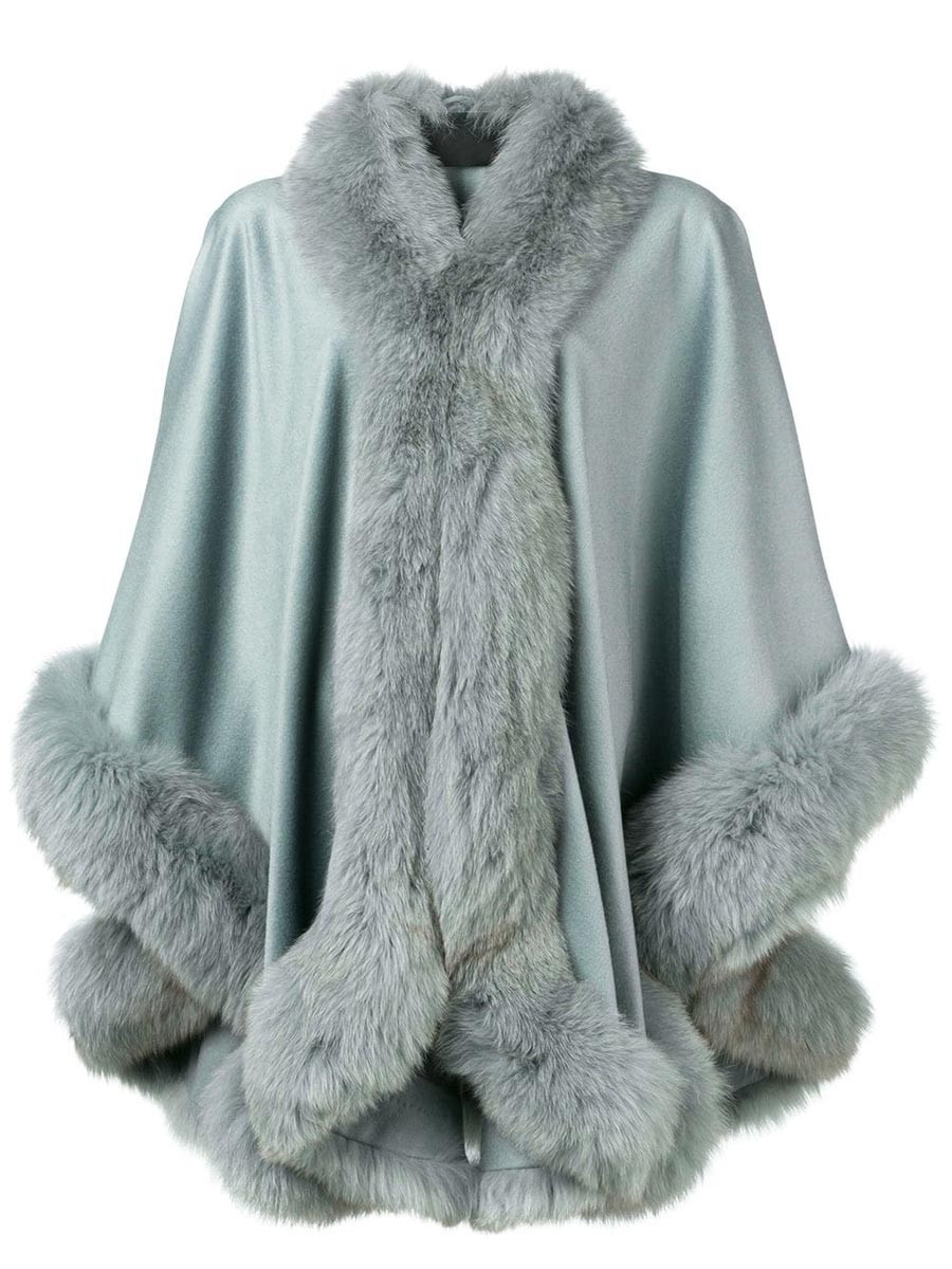 Blue Cashmere Cape With Fox Fur Trim| SKANDINAVIK FUR