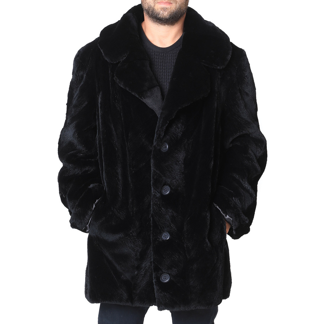 men's sheared beaver trench fur coat with notched collar