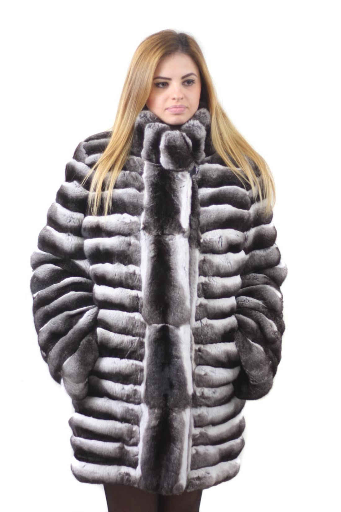 mid hip chinchilla fur coat with stand up collar