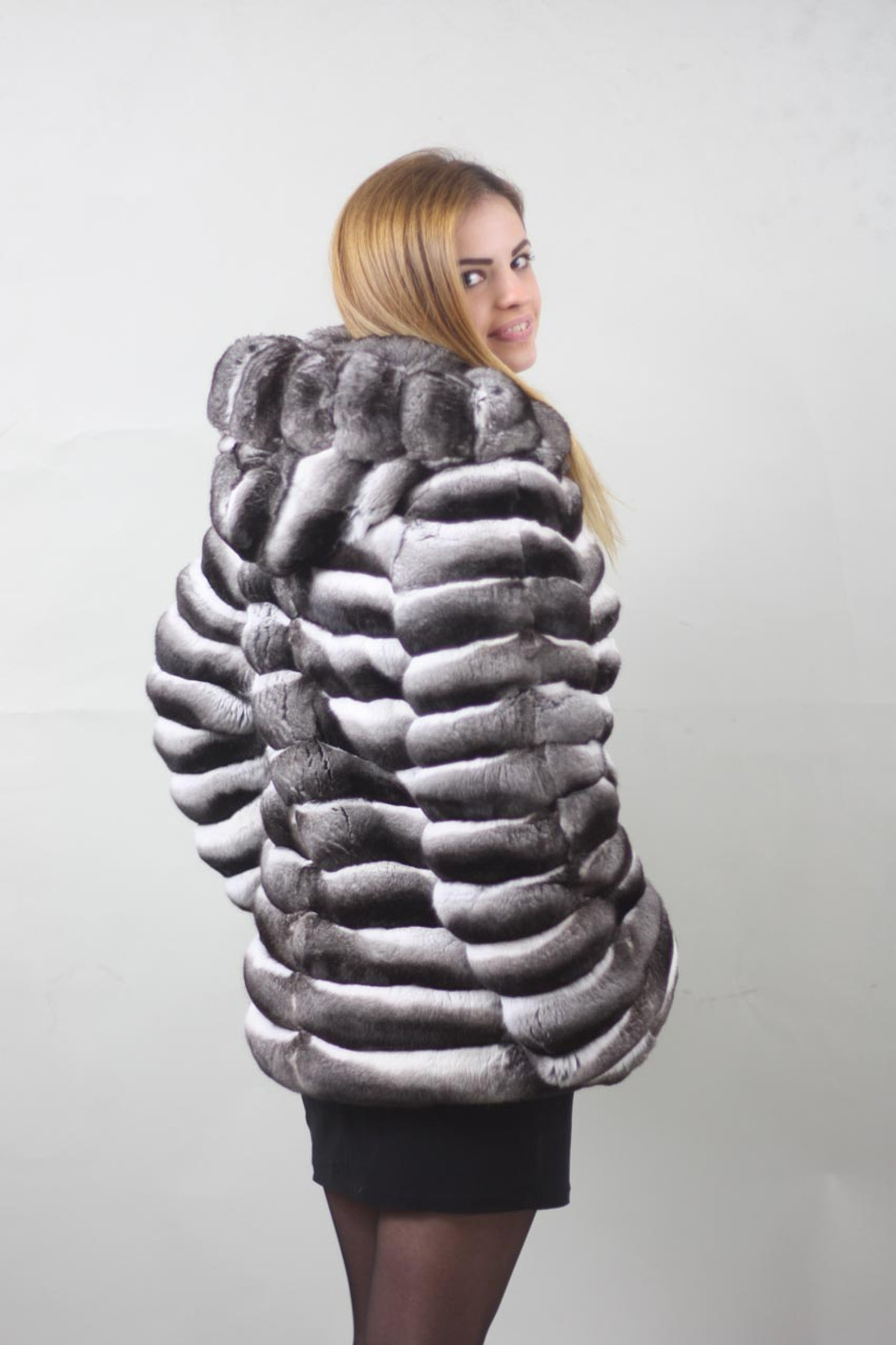 Hooded Chinchilla Coat Mid Hip Length