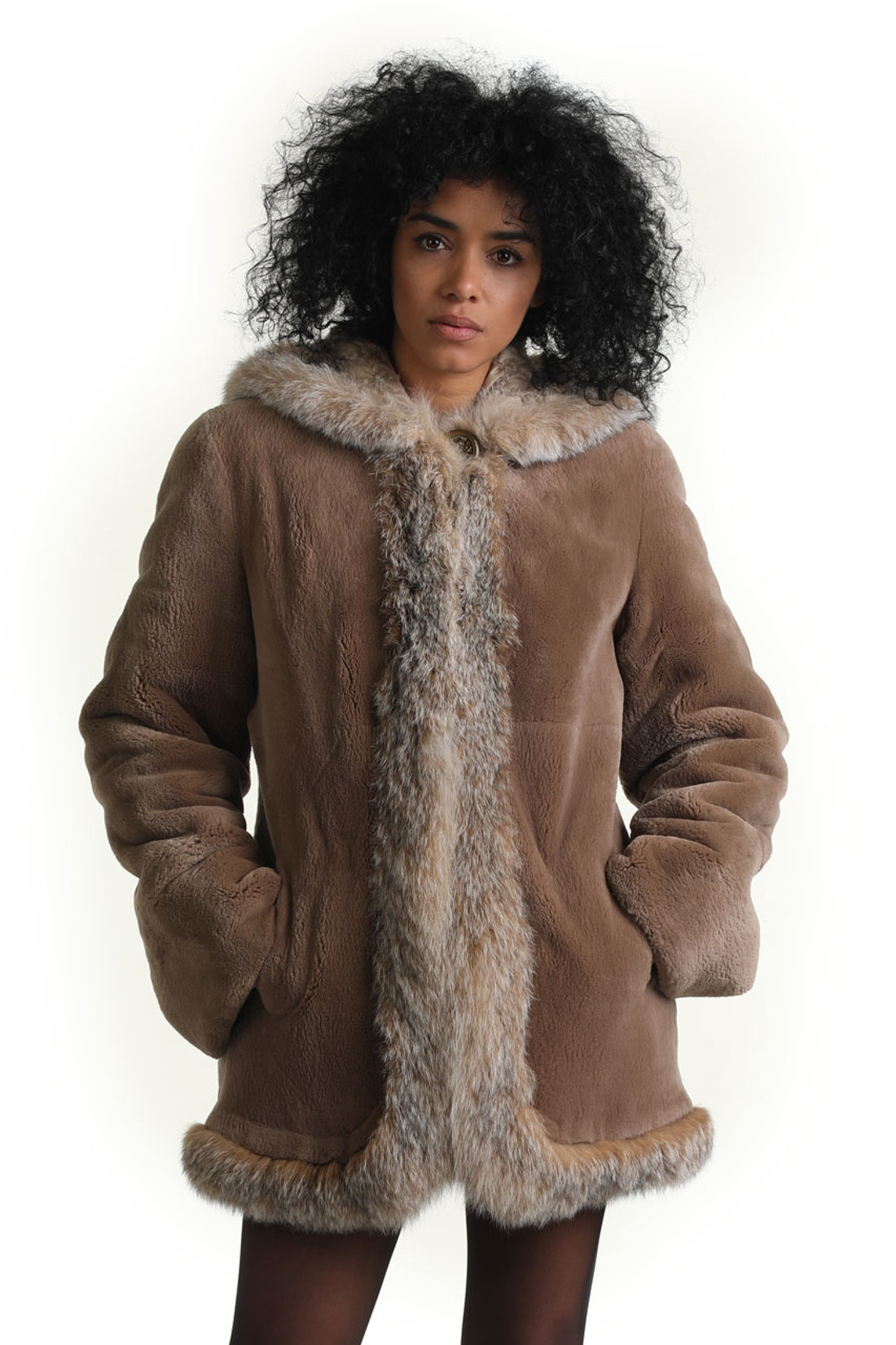 reversible sheared beaver fur coat with hood and lynx trim