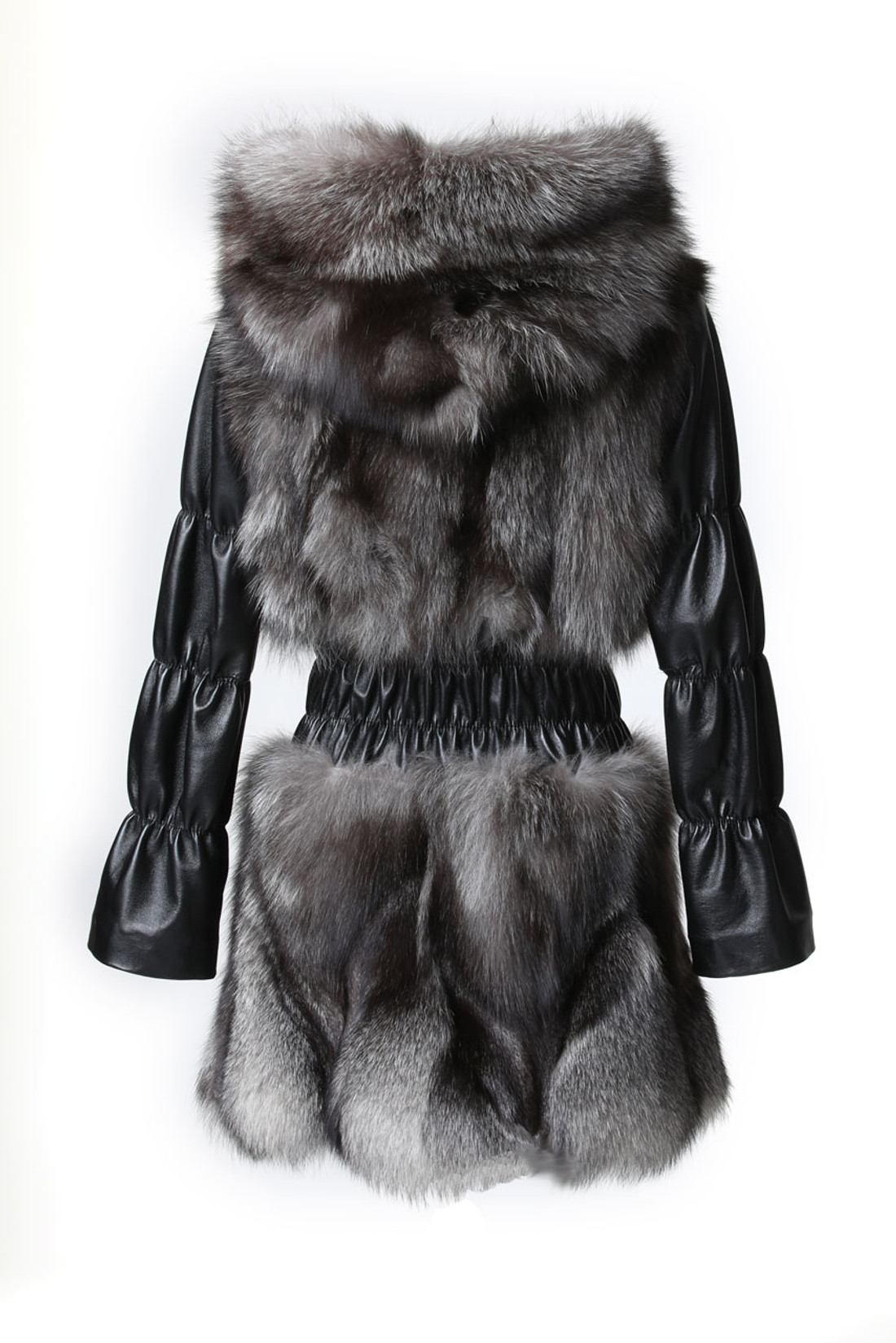 Blue Frost Fox Fur Jacket Hooded Leather Sleeves Waist