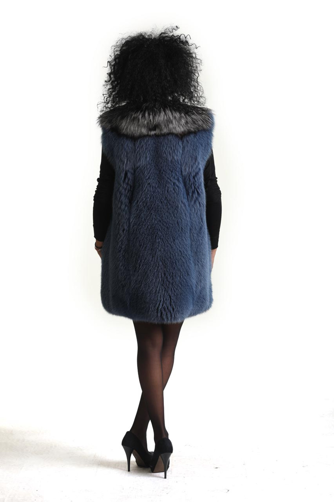 Long Blue Fox Fur Vest With Silver Fox Collar