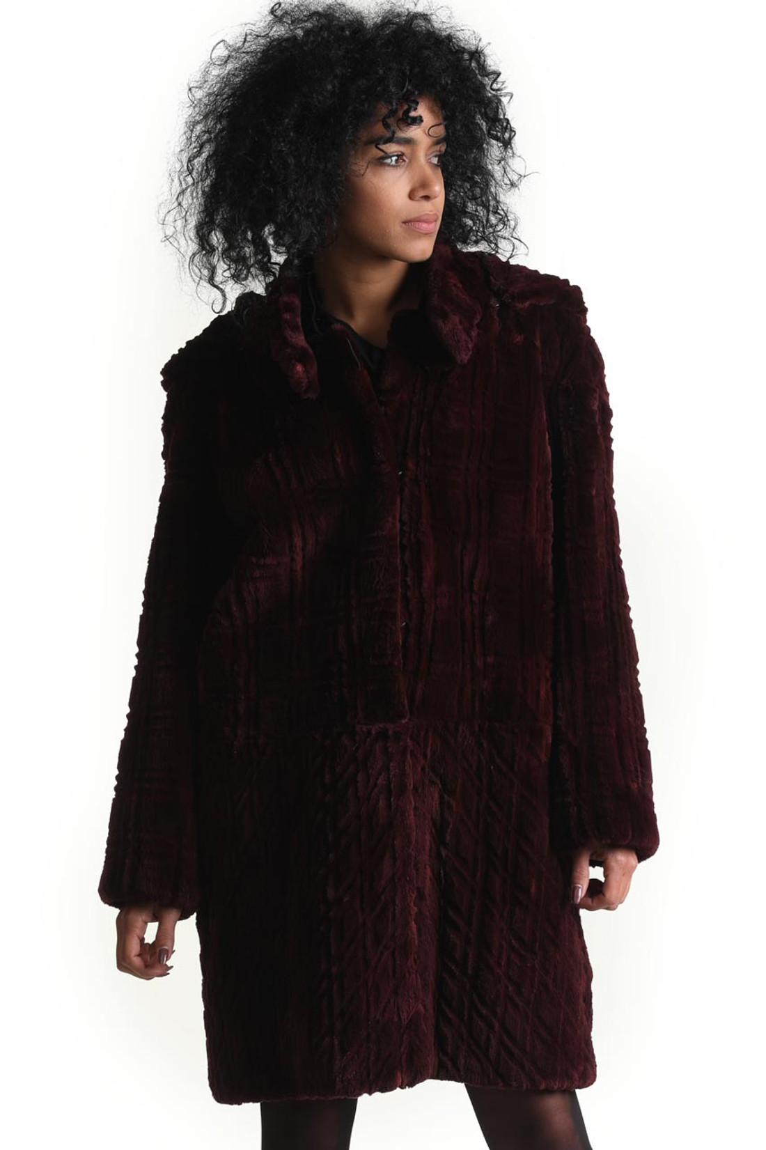 sculpted purple beaver fur coat turning to short jacket with zipper removal of lower part sculpted purple beaver fur coat turning to short jacket with zipper removal of lower part