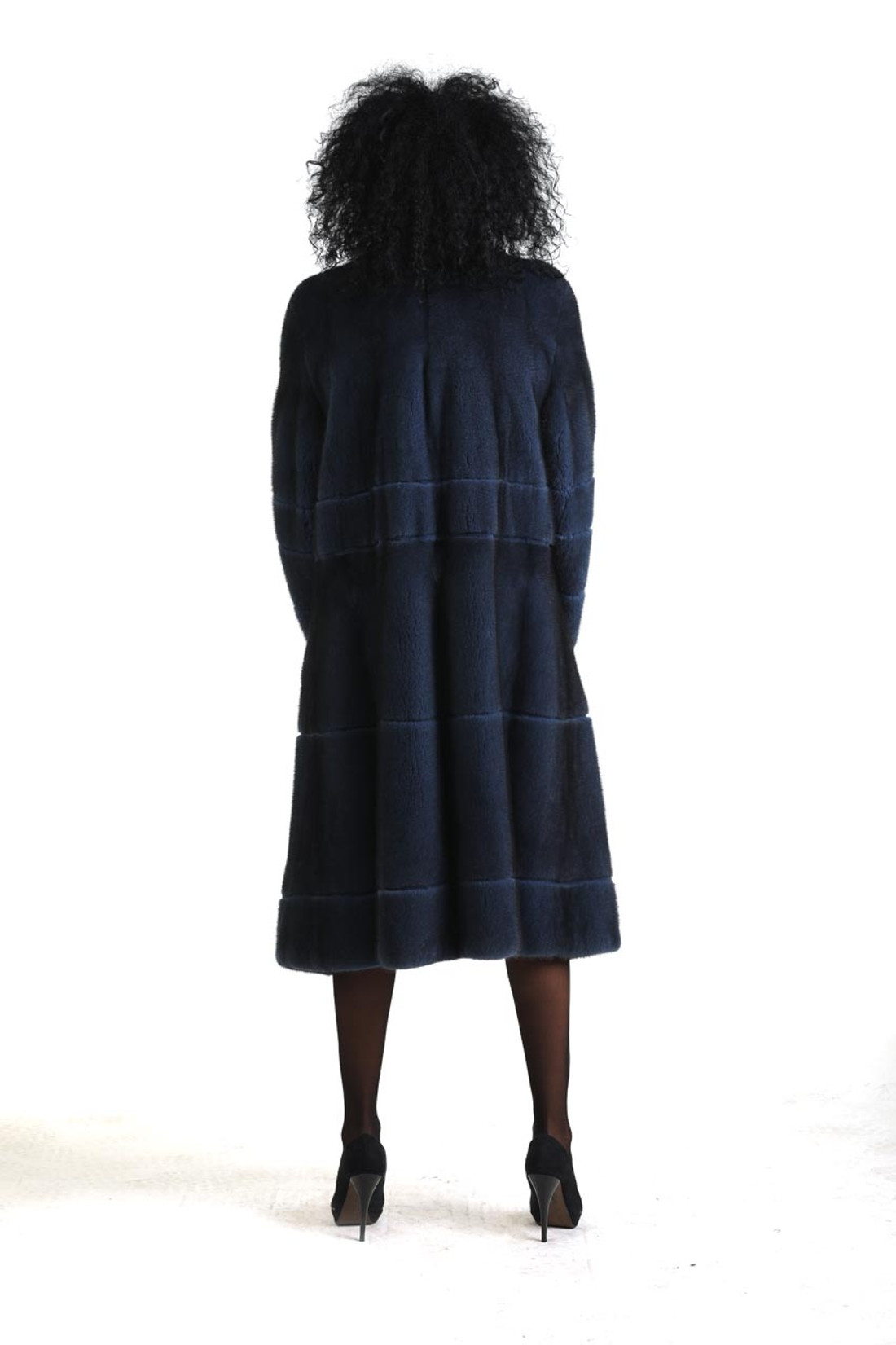 Dark Blue Knee Length Mink Fur Coat