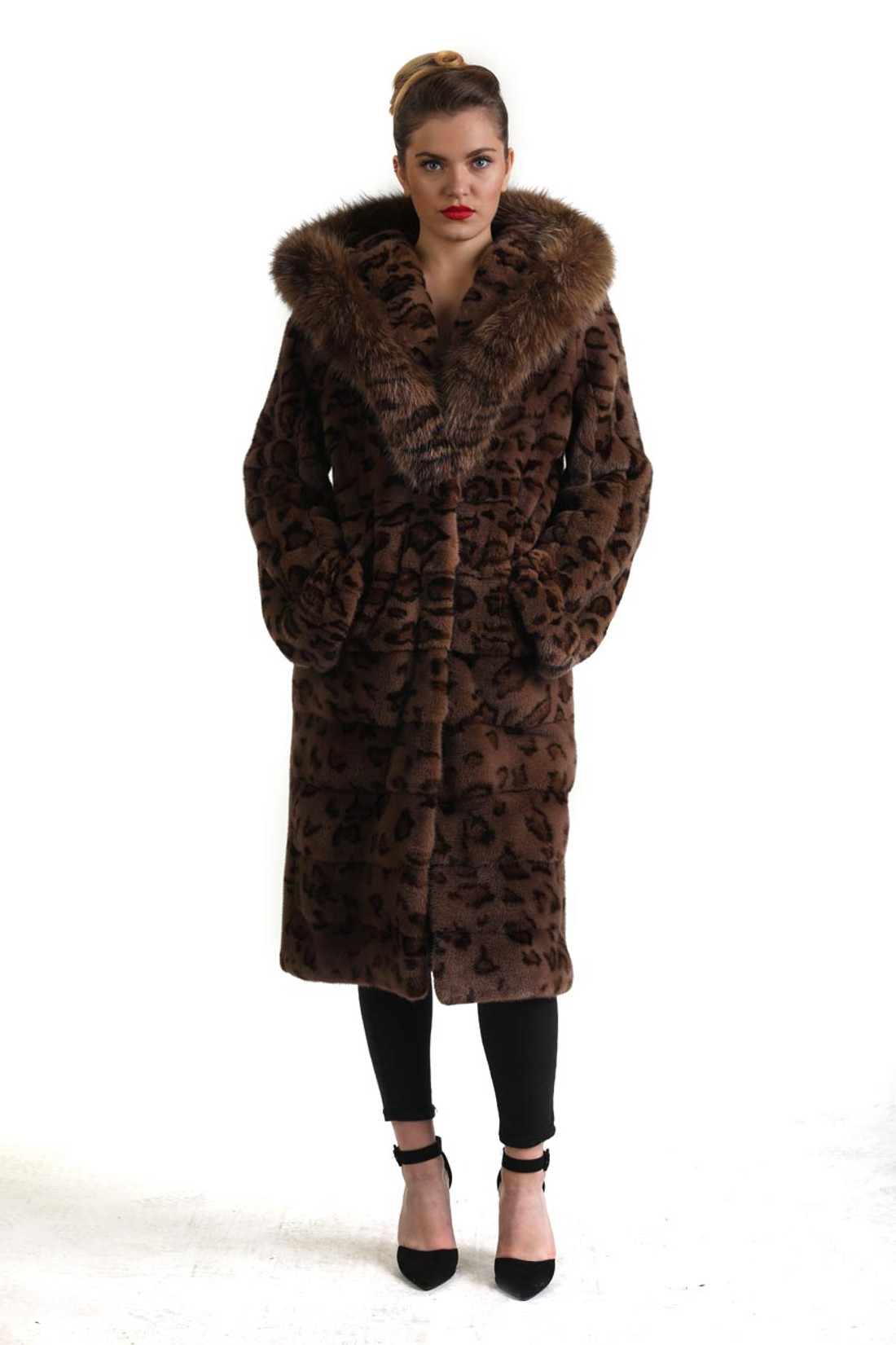 Animal Print Hooded Mink Fur Coat Animal Print Hooded Mink Fur Coat