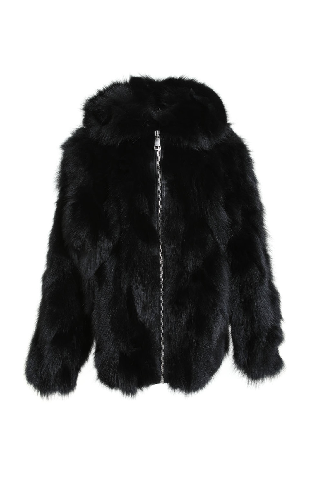 hooded black fox fur jacket for men with zipper closure