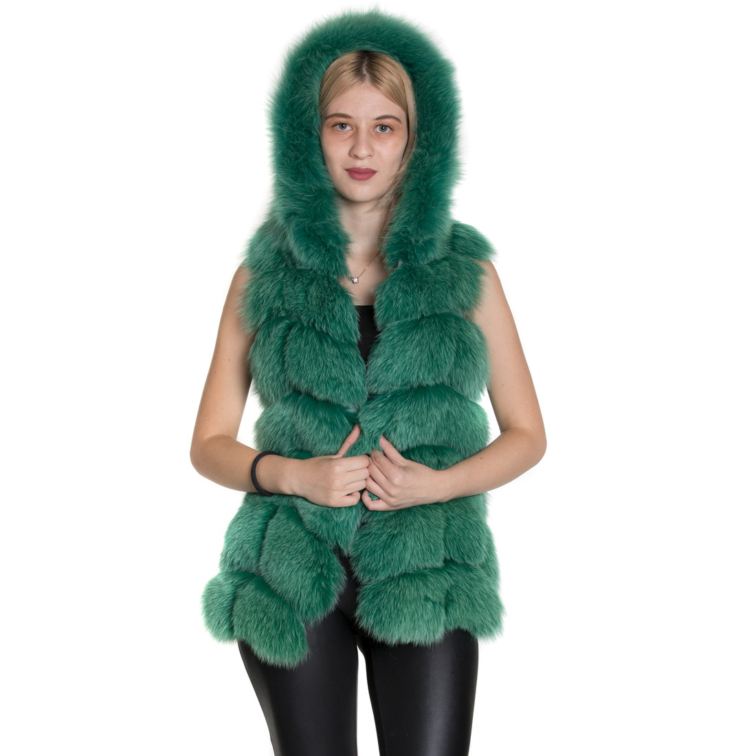 women's green fox fur vest with hood