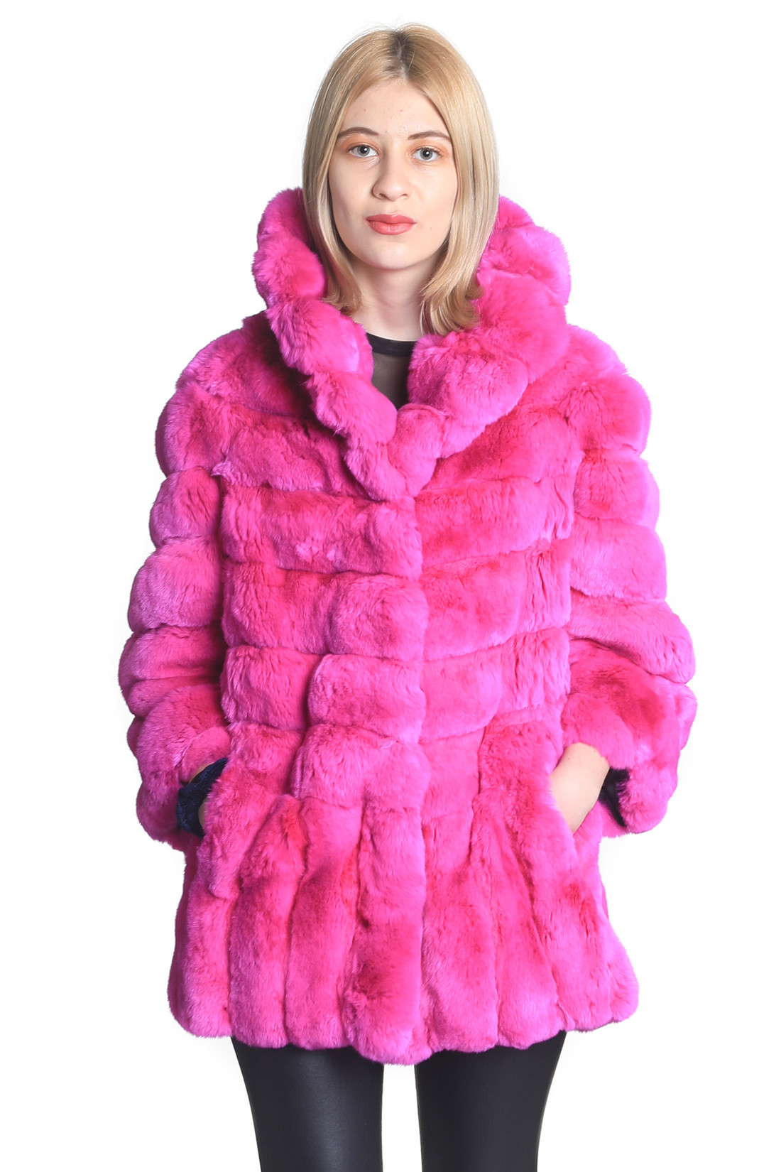 pink chinchilla fur coat shawl collar mid hip length