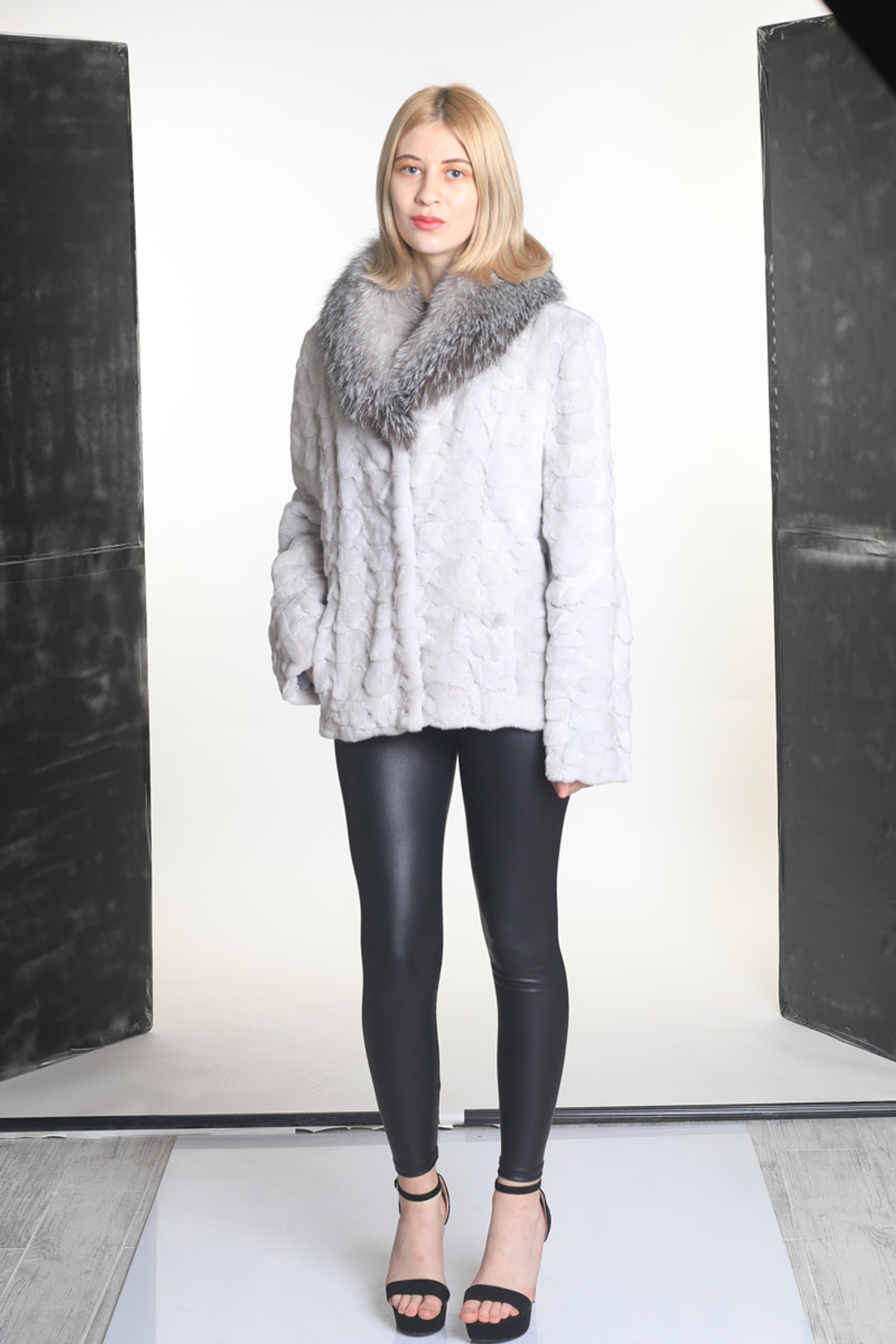 Sectional Mink Fur Jacket Silver   Fox Shawl Collar