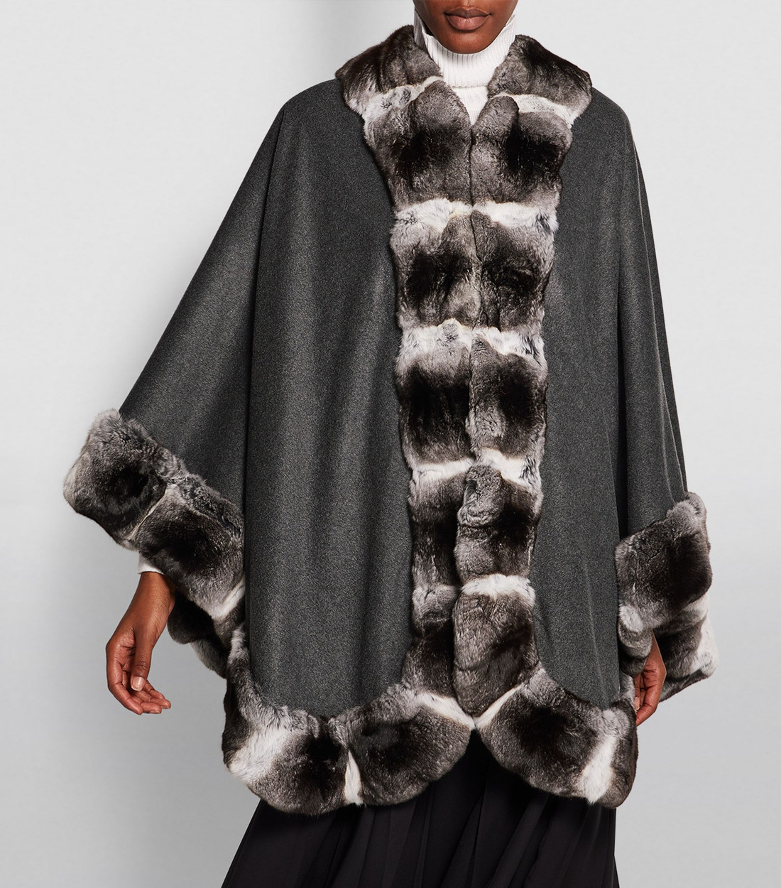 Light Blue Cashmere Cape With Fox Fur Trim| SKANDINAVIK FUR