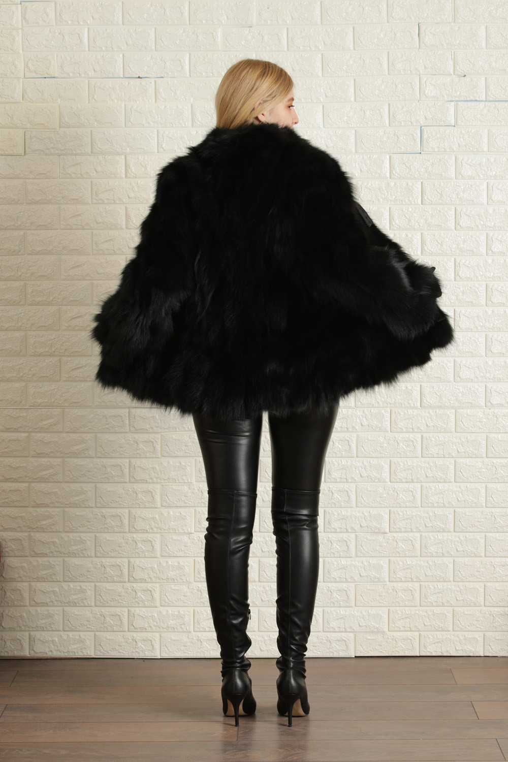 Black Fox Fur Coat Leather Straps M
