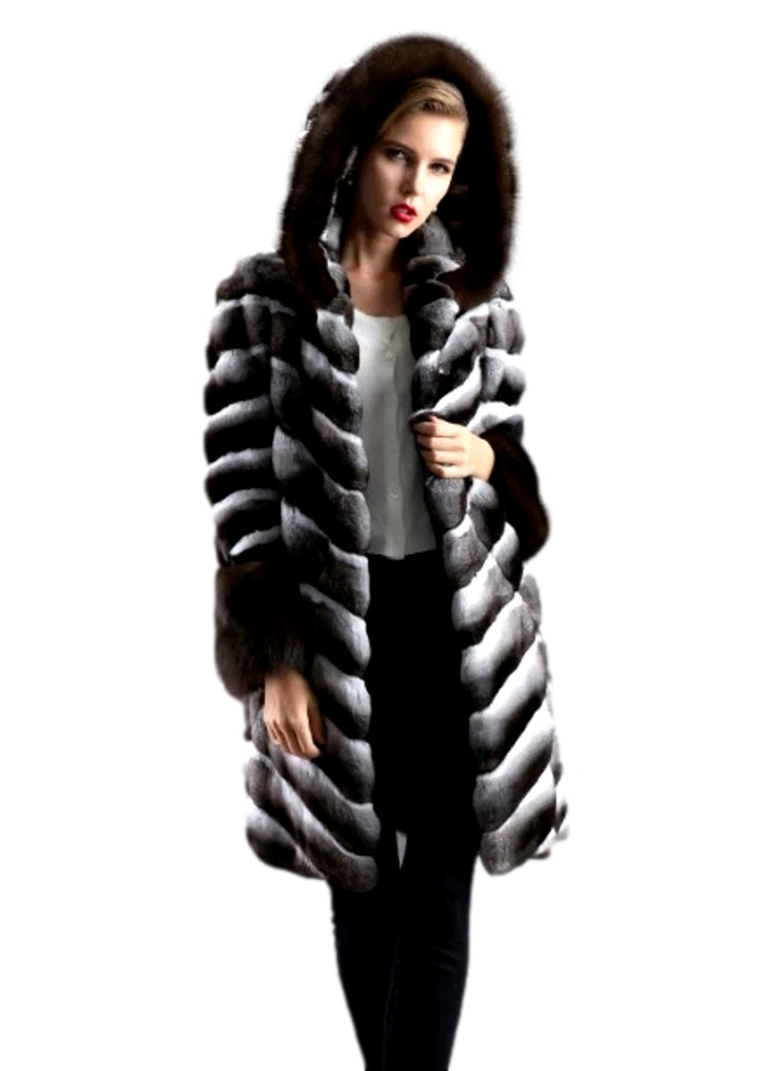 Hooded Chinchilla Fur Coat & Sable Fur Trim Chantale