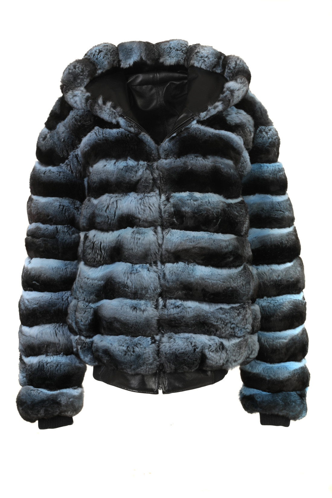 Blue Black Reversible Hooded Chinchilla  Leather  Bomber Jacket Blue Black Reversible Hooded Chinchilla  Leather  Bomber Jacket