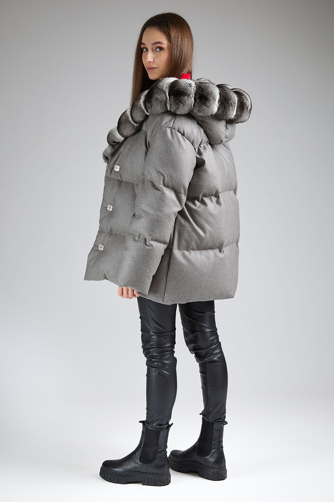 Hooded Down Coat Chinchila Fur Trim Jessa Hooded Down Coat Chinchila Fur Trim Jessa