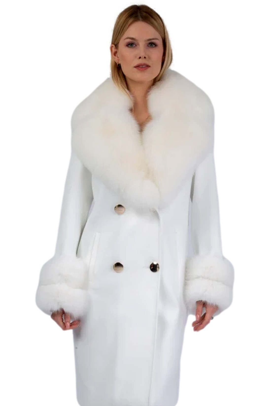 White Cashmere Coat Fox Collar Raine White Cashmere Coat Fox Collar Raine