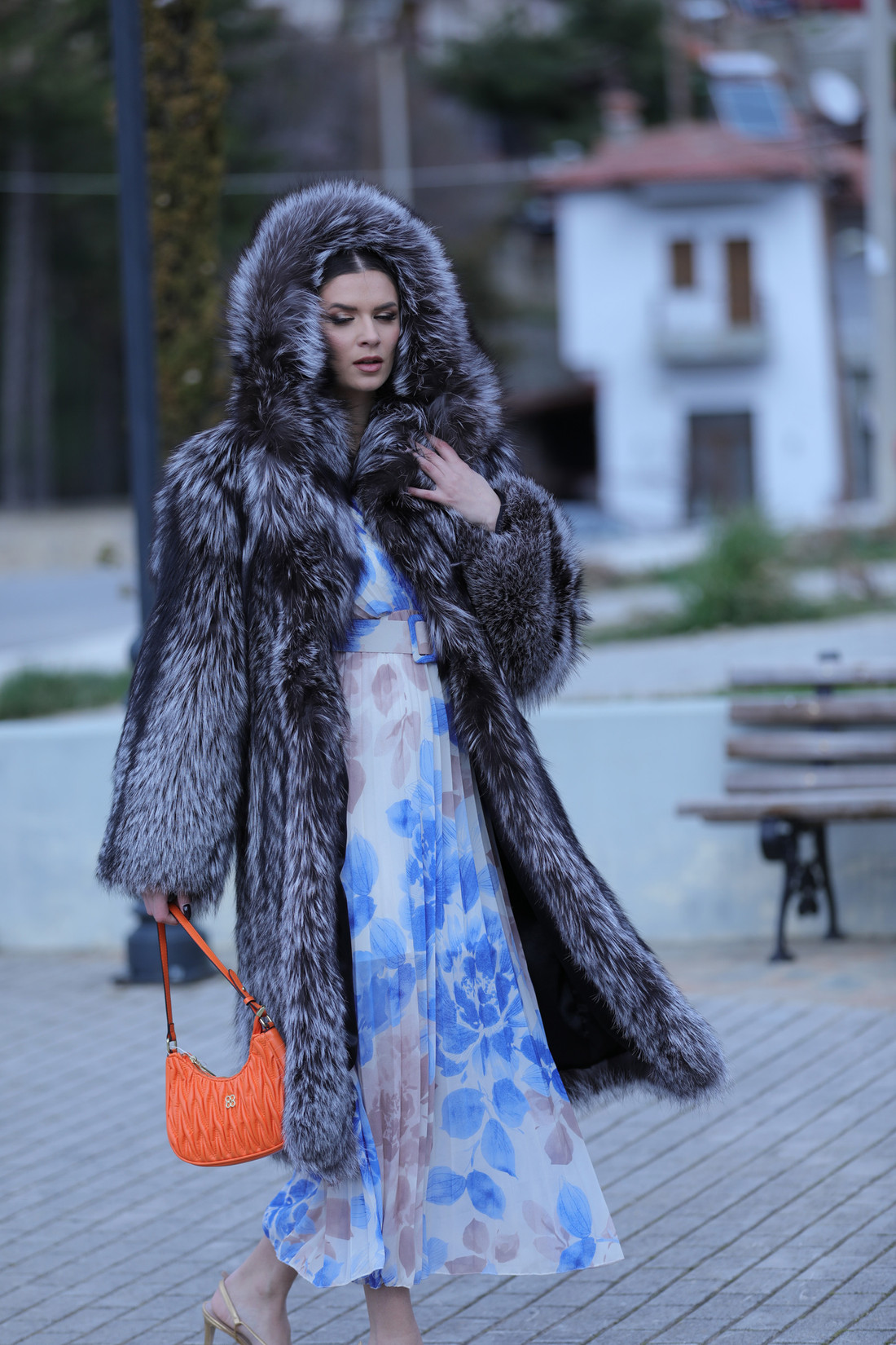 Hooded Silver Fox Coat  Scandinavia  Size  S/M