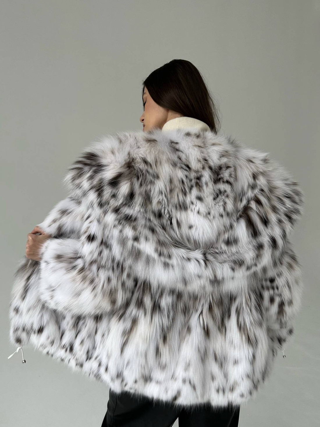 White Lynx Jacket Kiyomi Hooded Bomber Drawstrings  BACK VIEW White Lynx Jacket Kiyomi Hooded Bomber Drawstrings  BACK VIEW