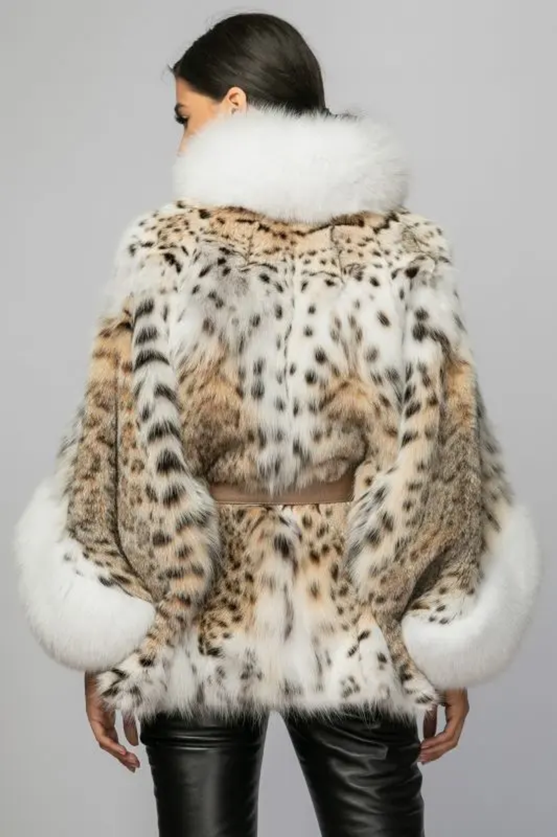 lynx fur coat fox collar and cuffs and leather belt back view