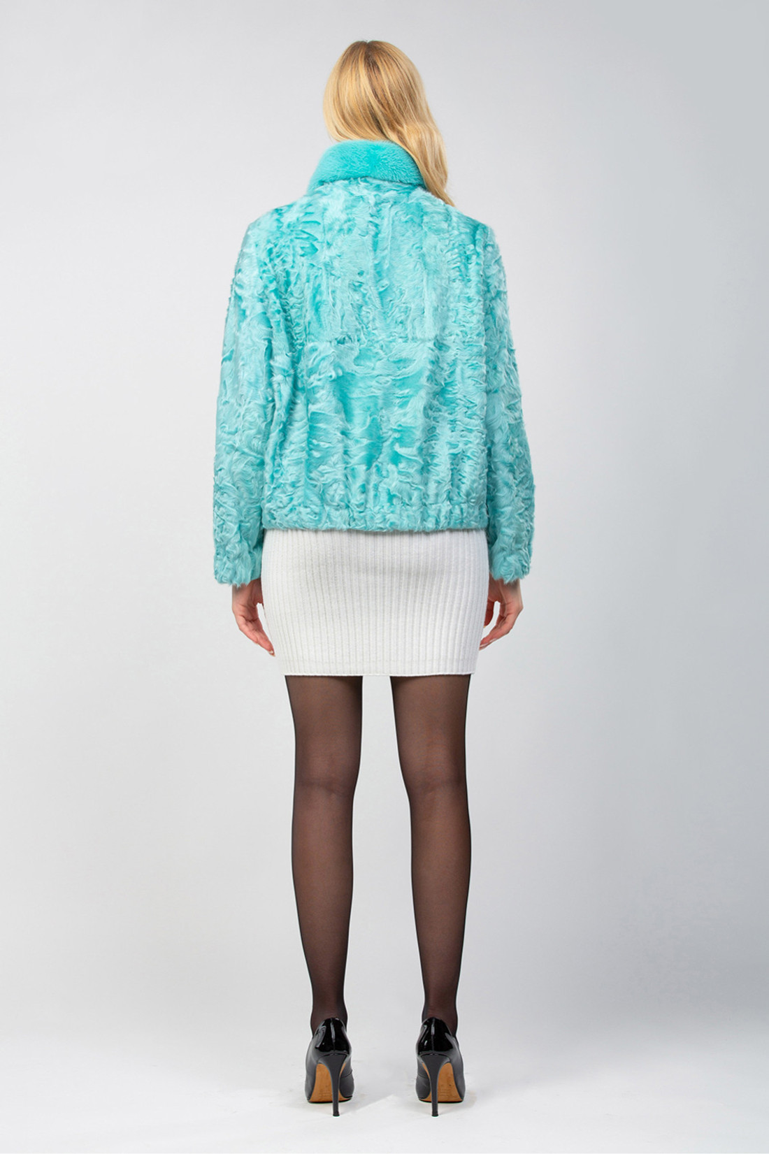 Turquoise Persian Mink Fur Jacket Mink Collar and chest pocket Back Turquoise Persian Mink Fur Jacket Mink Collar and chest pocket Back