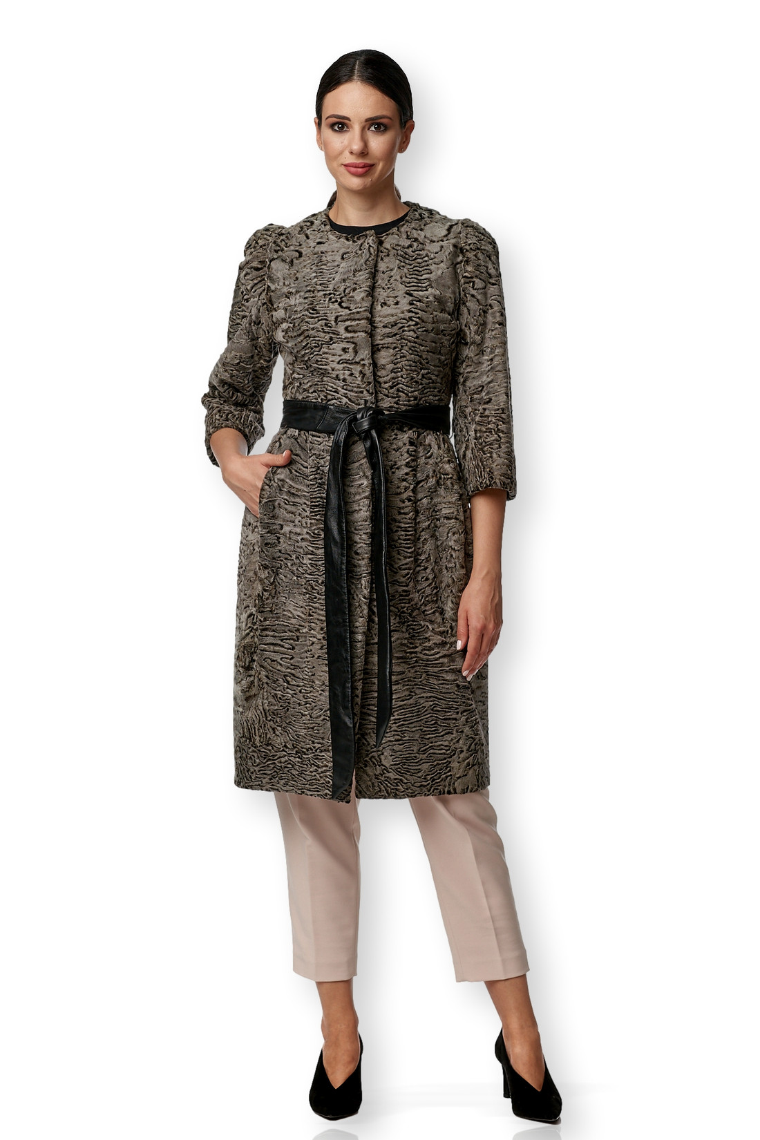 Olive SWAKARA Coat Adina Collarless Leather Belt Knee Length Cropped Sleeves Front Olive SWAKARA Coat Adina Collarless Leather Belt Knee Length Cropped Sleeves Front