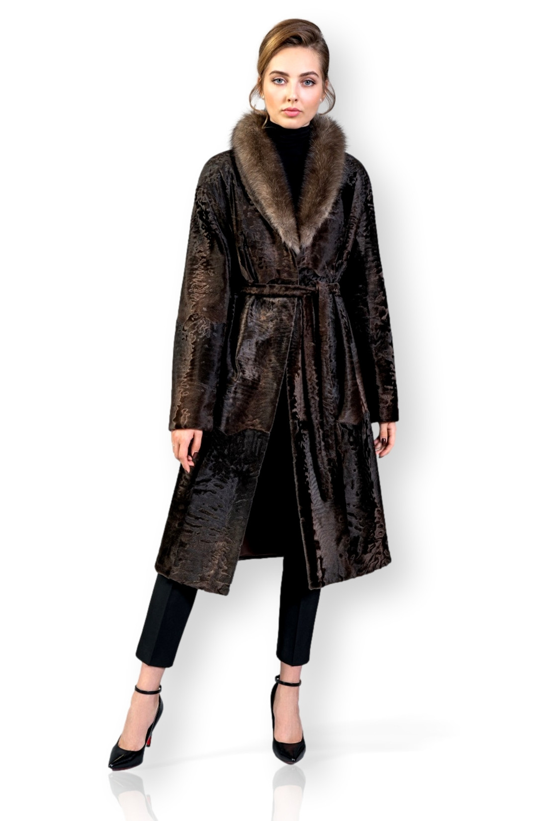 Brown Broadtail Coat Sable Collar Aline Front