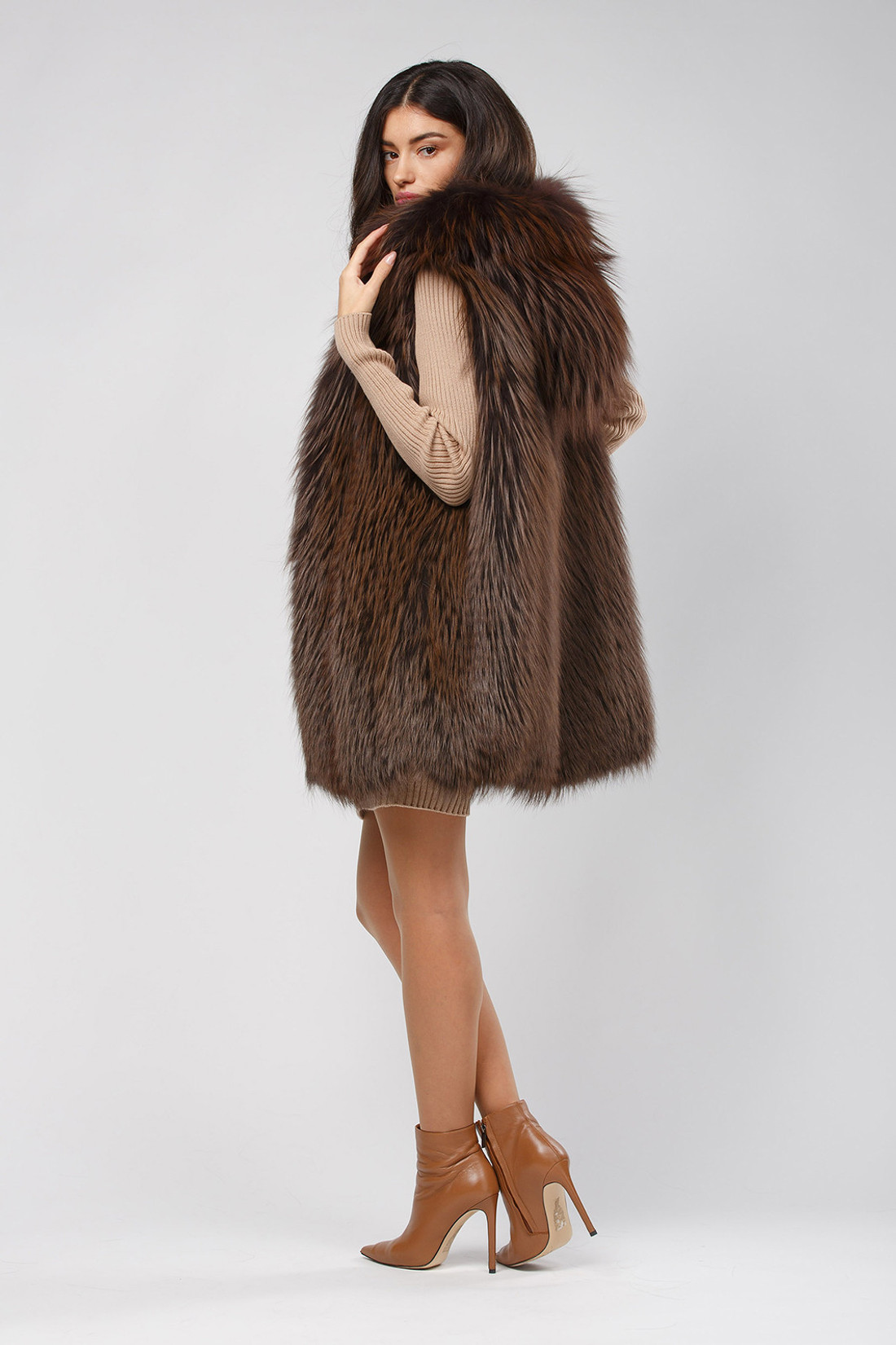 Brown Fox Vest Hooded Feathered  BACK