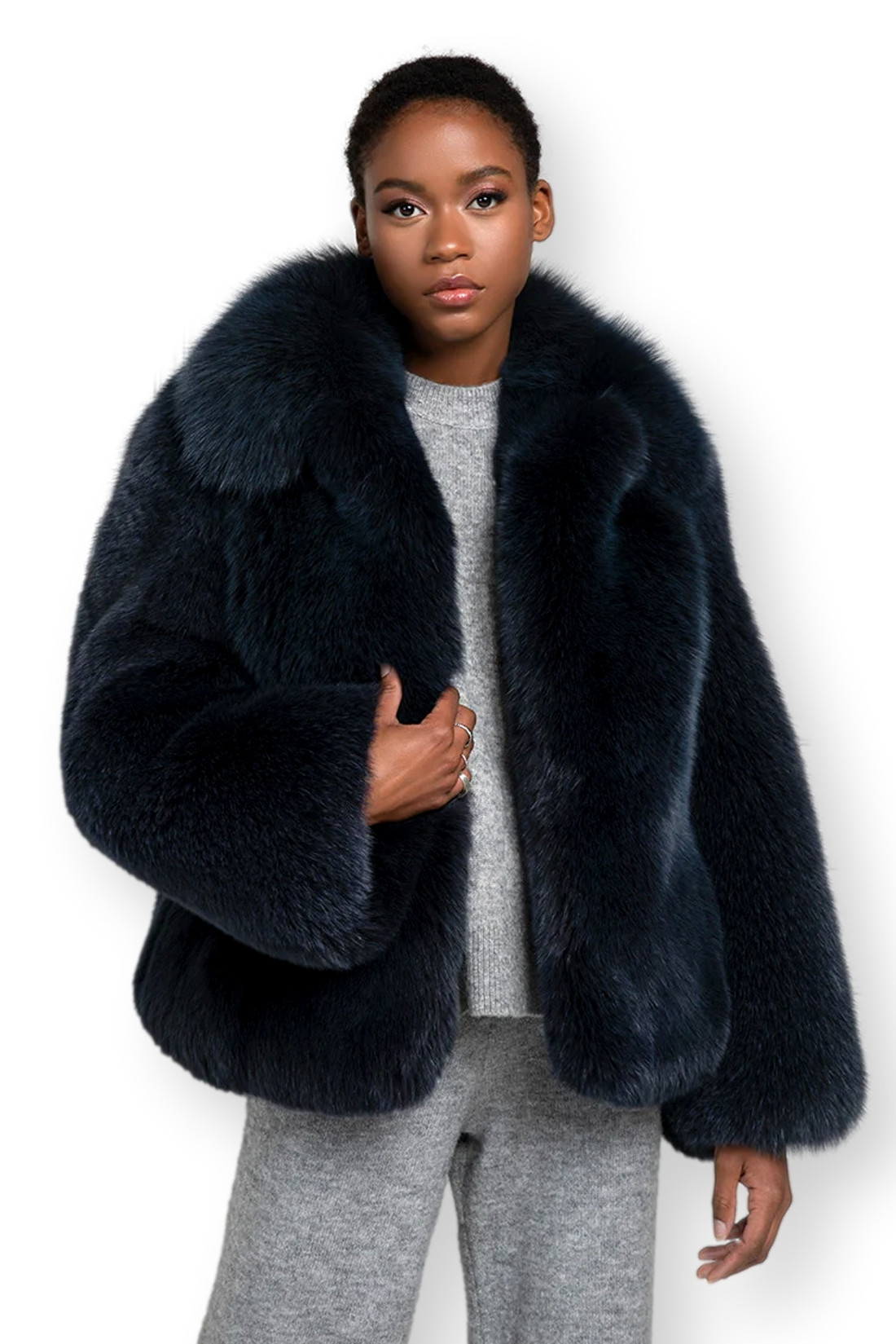 Navy Fox Fur Coat Shawl Collar front