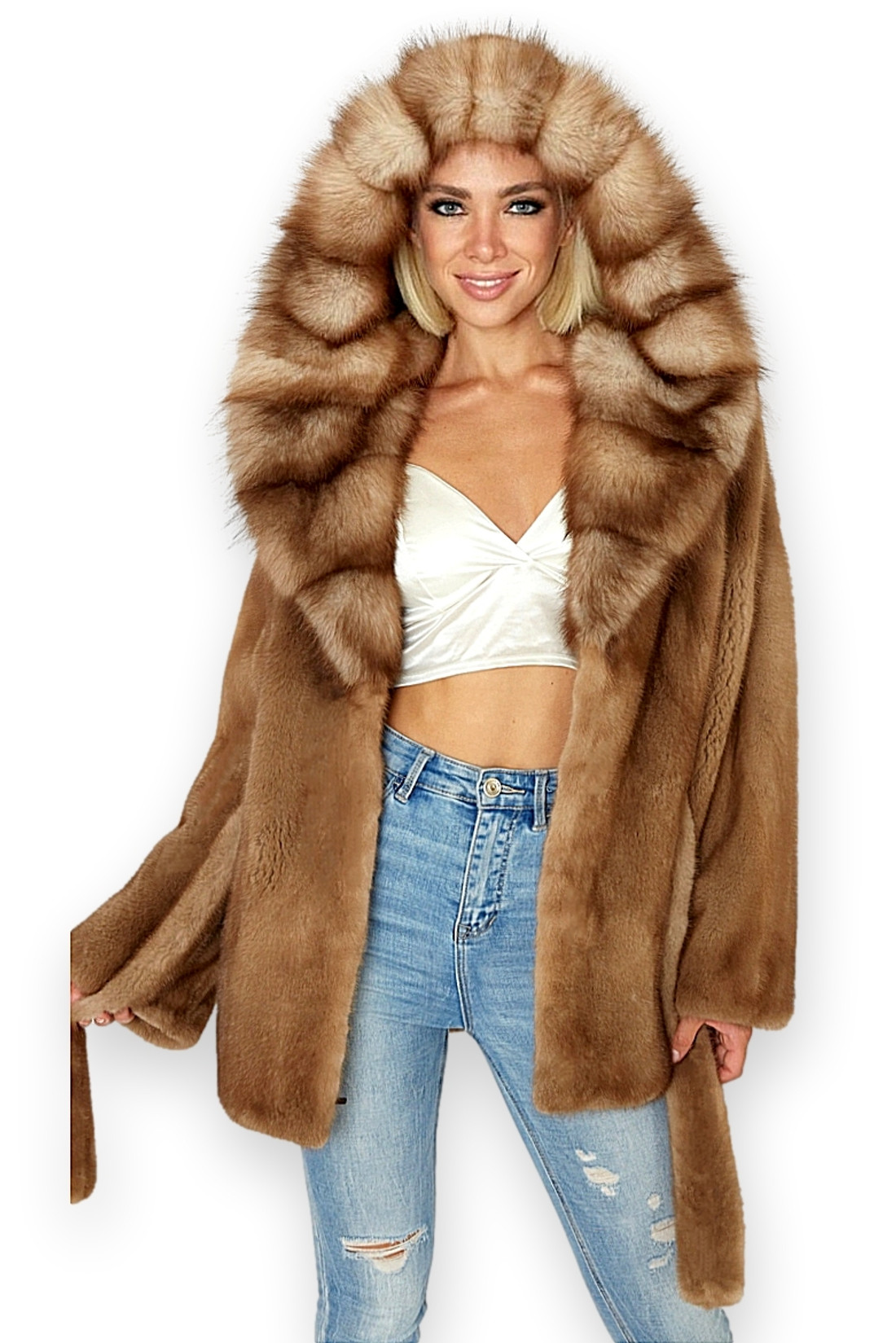 Brown Mink Sable Hooded Jacket Fur Belt