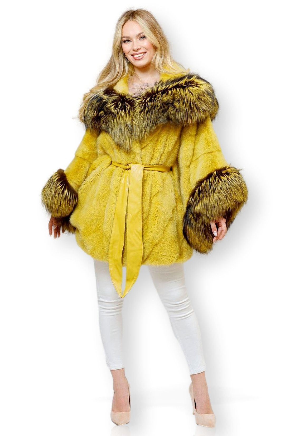 Yellow Mink Fox  Fur Cape hooded  front