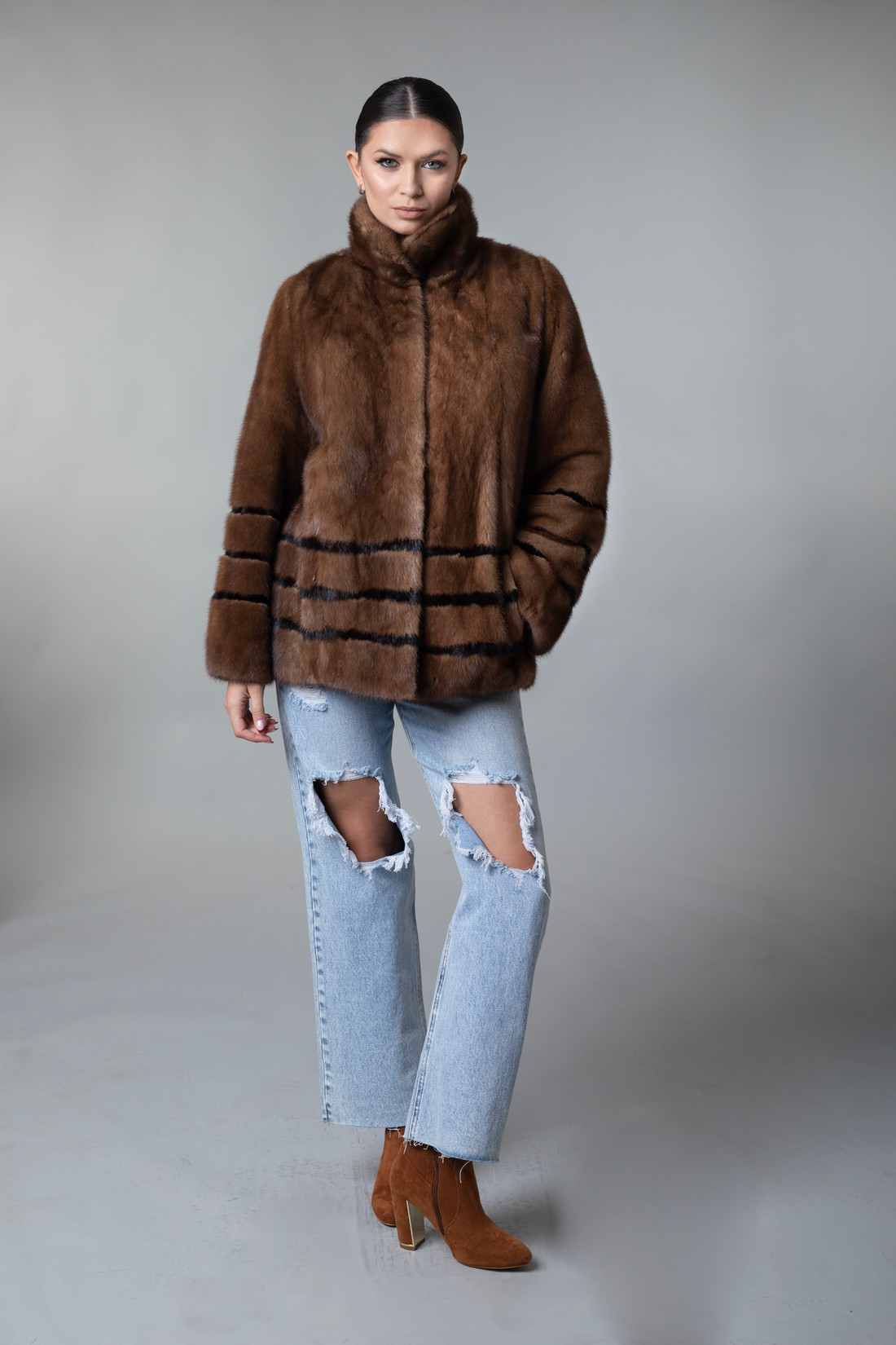 Brown Mink  Fur Coat Stand Up Collar Striped Hip Length on front view