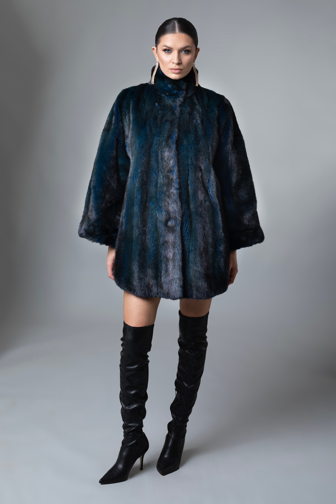 SAGA Blue  Green Mink Fur Coat ON MODEL FRONT VIEW