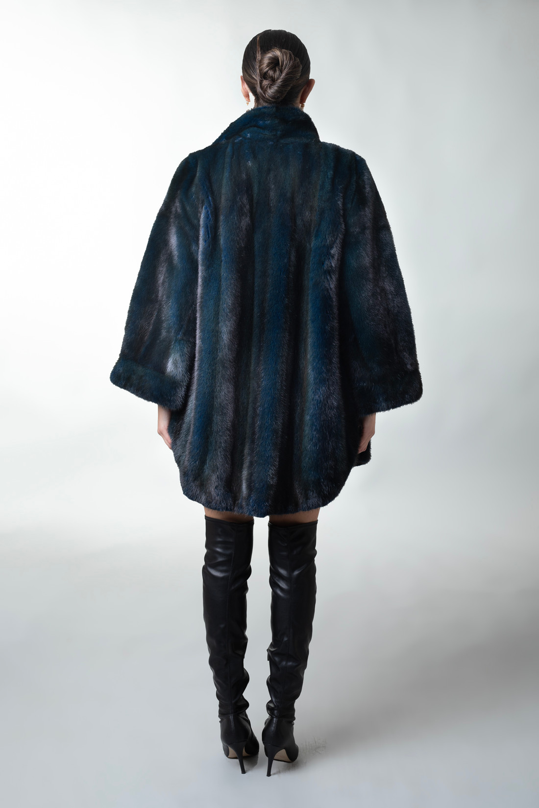 SAGA Blue  Green Mink Fur Coat ON MODEL REAR VIEW