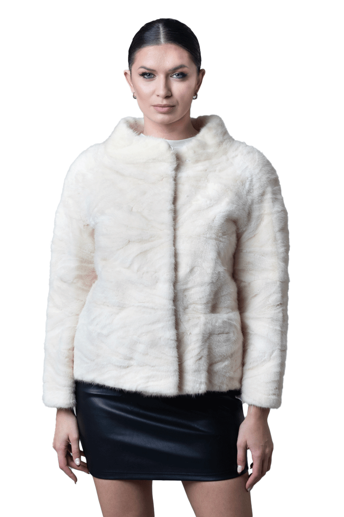 Tan Mink Fur Jacket Waist Length Rhinestone Sleeve Chain  front view Tan Mink Fur Jacket Waist Length Rhinestone Sleeve Chain  front view