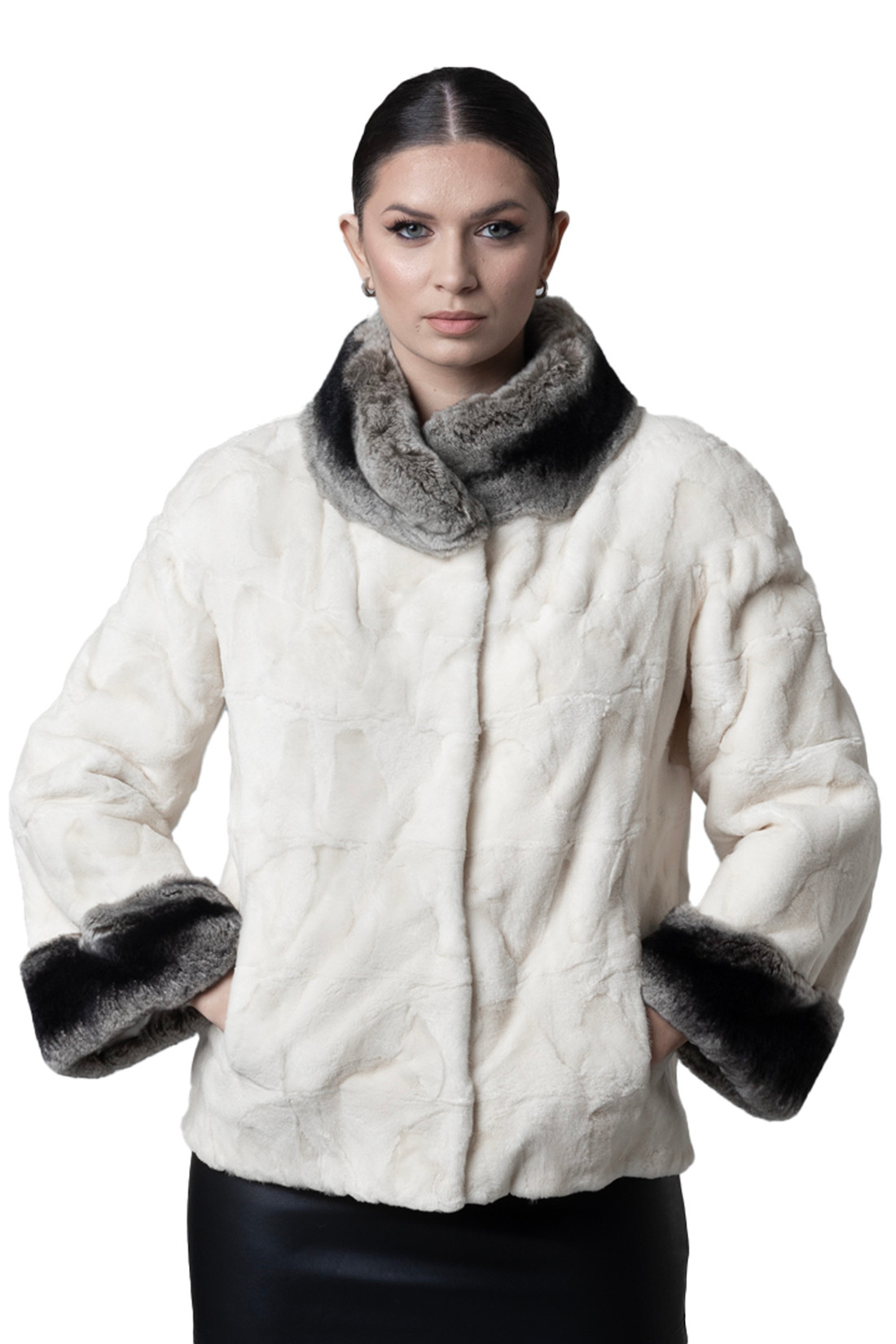short White mink fur jacket  rex chinchilla collar and cuffs  on model