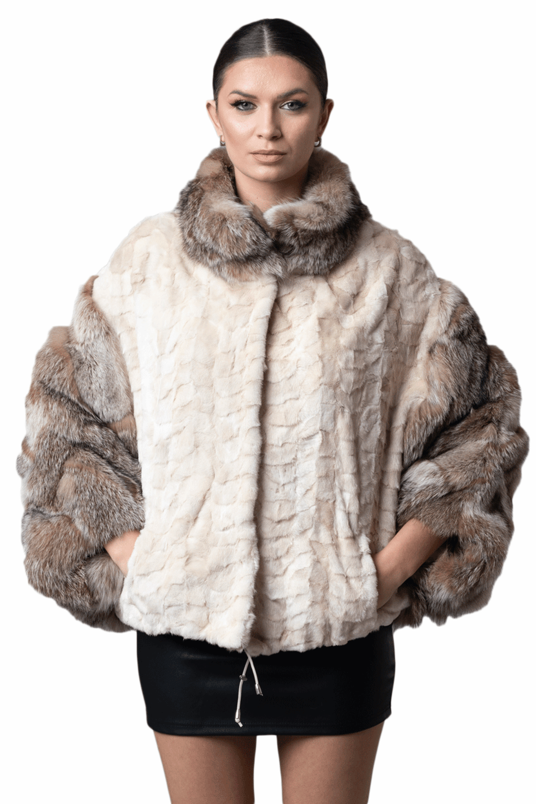 Mink fur cpae with lynx sleeves and collar on model front view