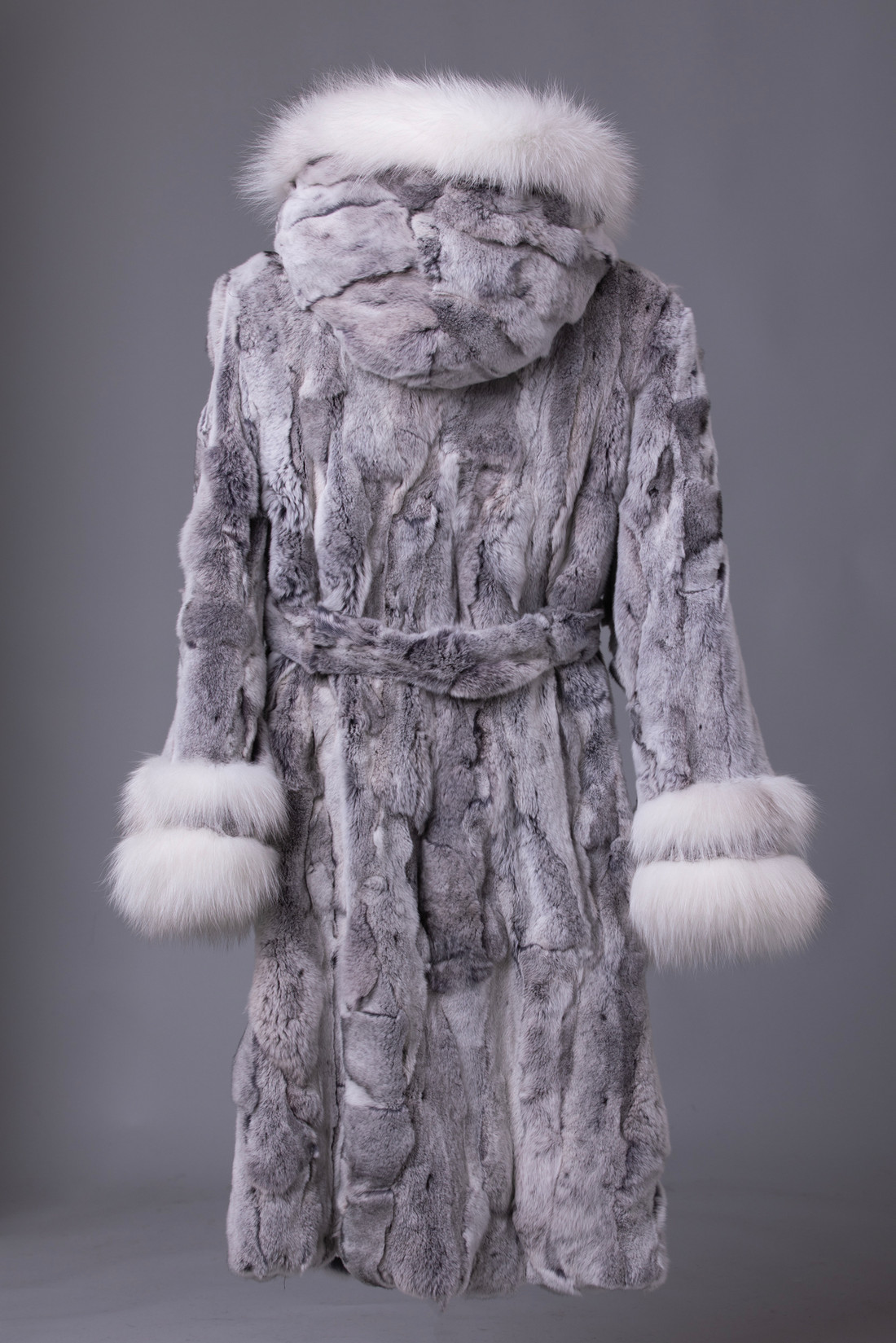 Gray Long Rex Fur Coat Hooded Fox Trim Fur Belt rear view Gray Long Rex Fur Coat Hooded Fox Trim Fur Belt rear view
